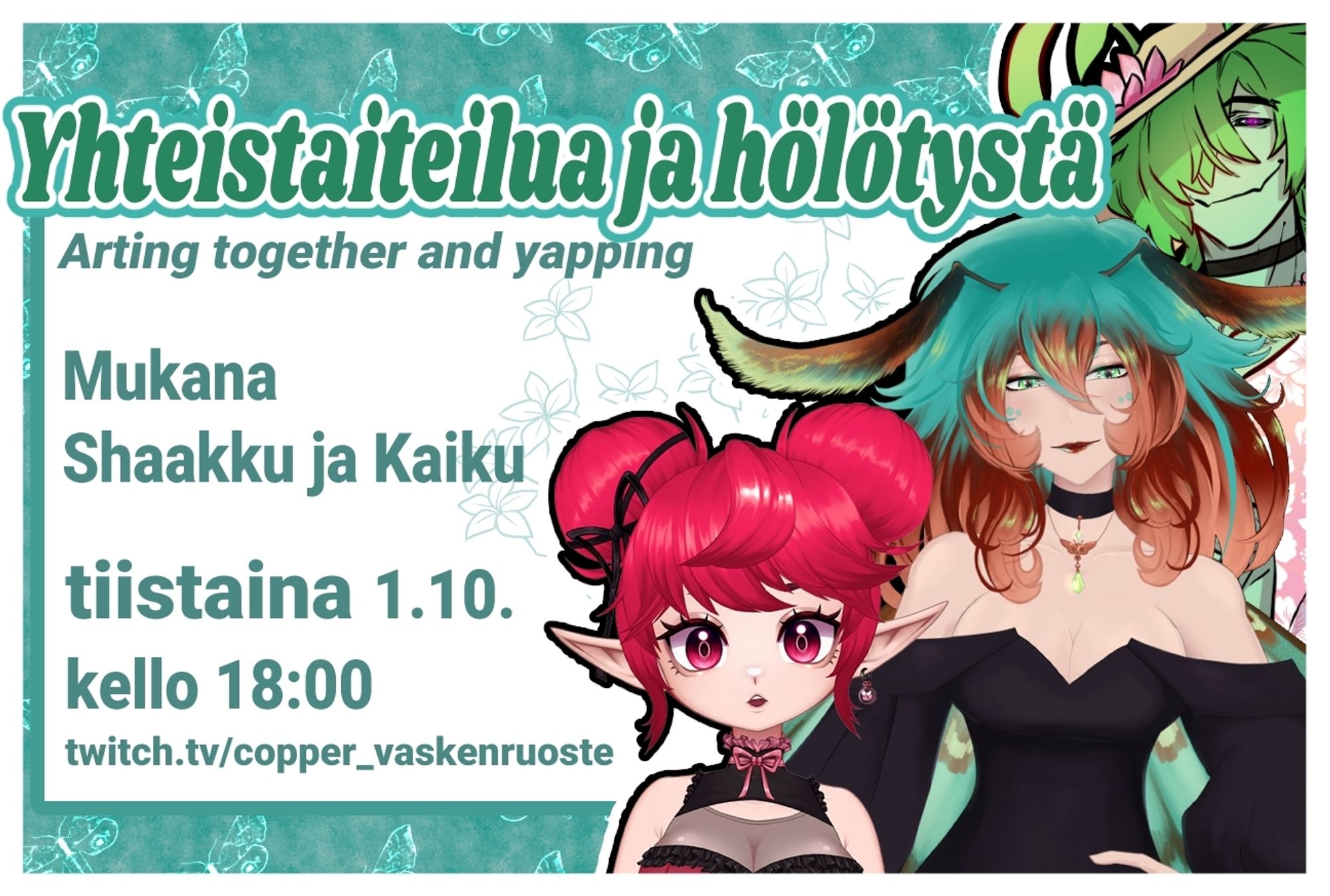 Stream announcment for 1.10. 6 p.m Finnish Time. Arting and yapping with three Finnish Vtubers, Shaakku, Kaiku and Copper