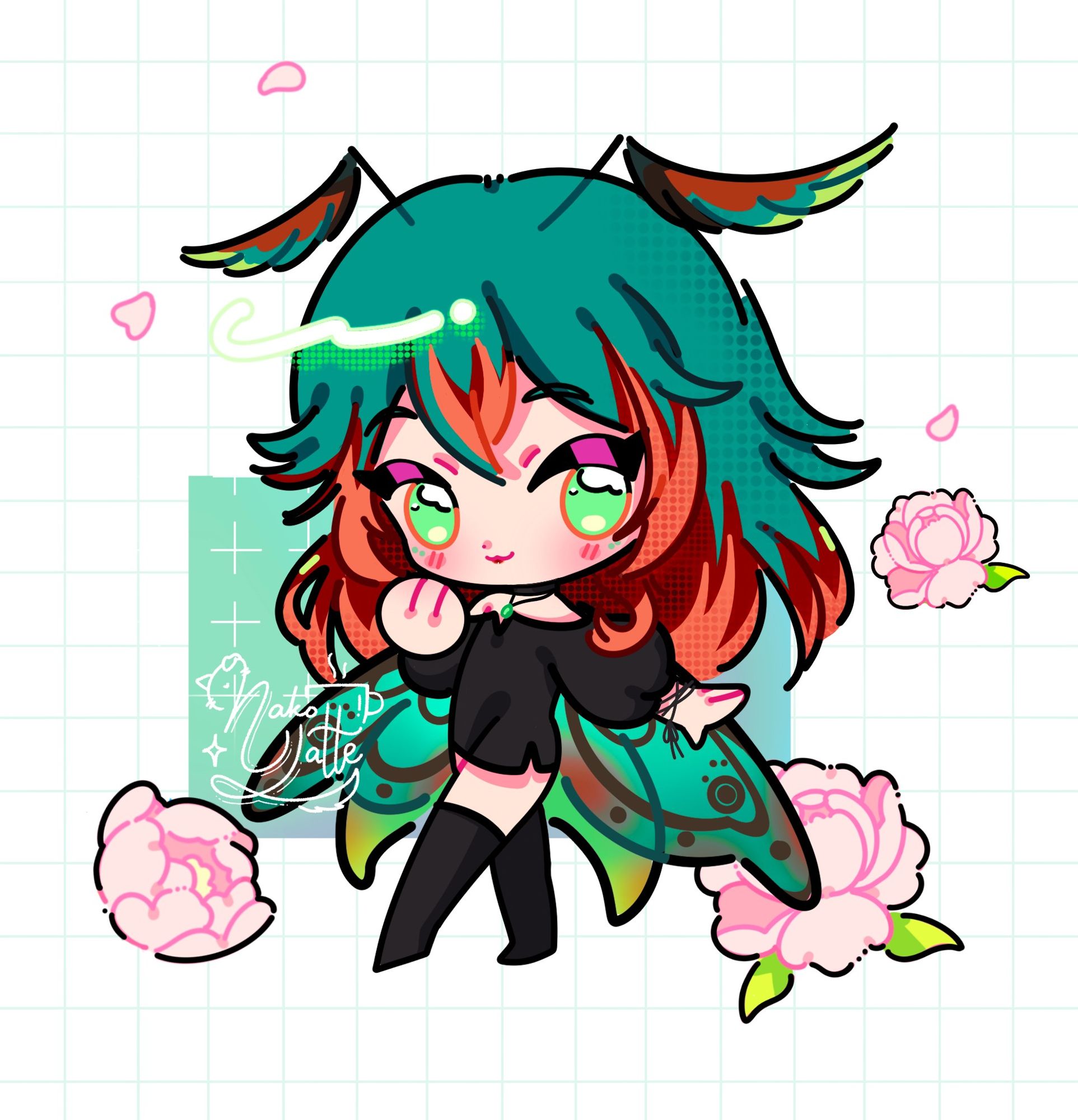 A cute chibi art drawn by Nakolatte on Vgen. The chibi is of moth Vtuber Copper Vaskenruoste