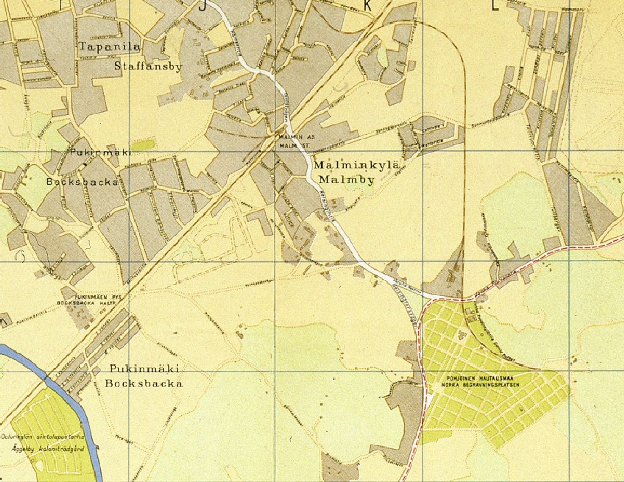 Kuva 1952 matkailijakartasta. Kuvassa näkyy Helsingin Malmin hautausmaa ja Malmin asema, josta kaartaa rautatie hautausmaalle.