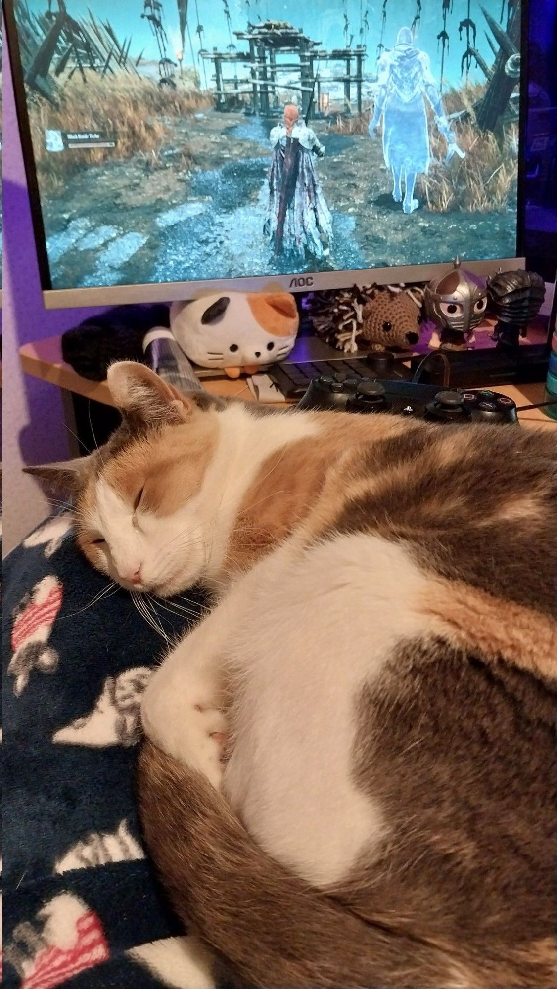 My little calico cat, Ink, curled up on my lap while I play Elden Ring.