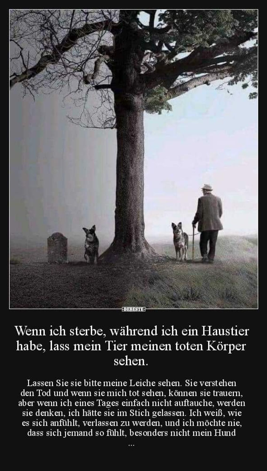 Wenn ich sterbe, während ich ein Haustier habe, lass mein Tier meinen toten Körper sehen.

Lassen Sie sie bitte meine Leiche sehen. Sie verstehen den Tod und wenn sie mich tot sehen, können sie trauern, aber wenn ich eines Tages einfach nicht auftauche, werden sie denken, ich hätte sie im Stich gelassen. Ich weiß, wie es sich anfühlt, verlassen zu werden, und ich möchte nie, dass sich jemand so fühlt, besonders nicht mein Hund