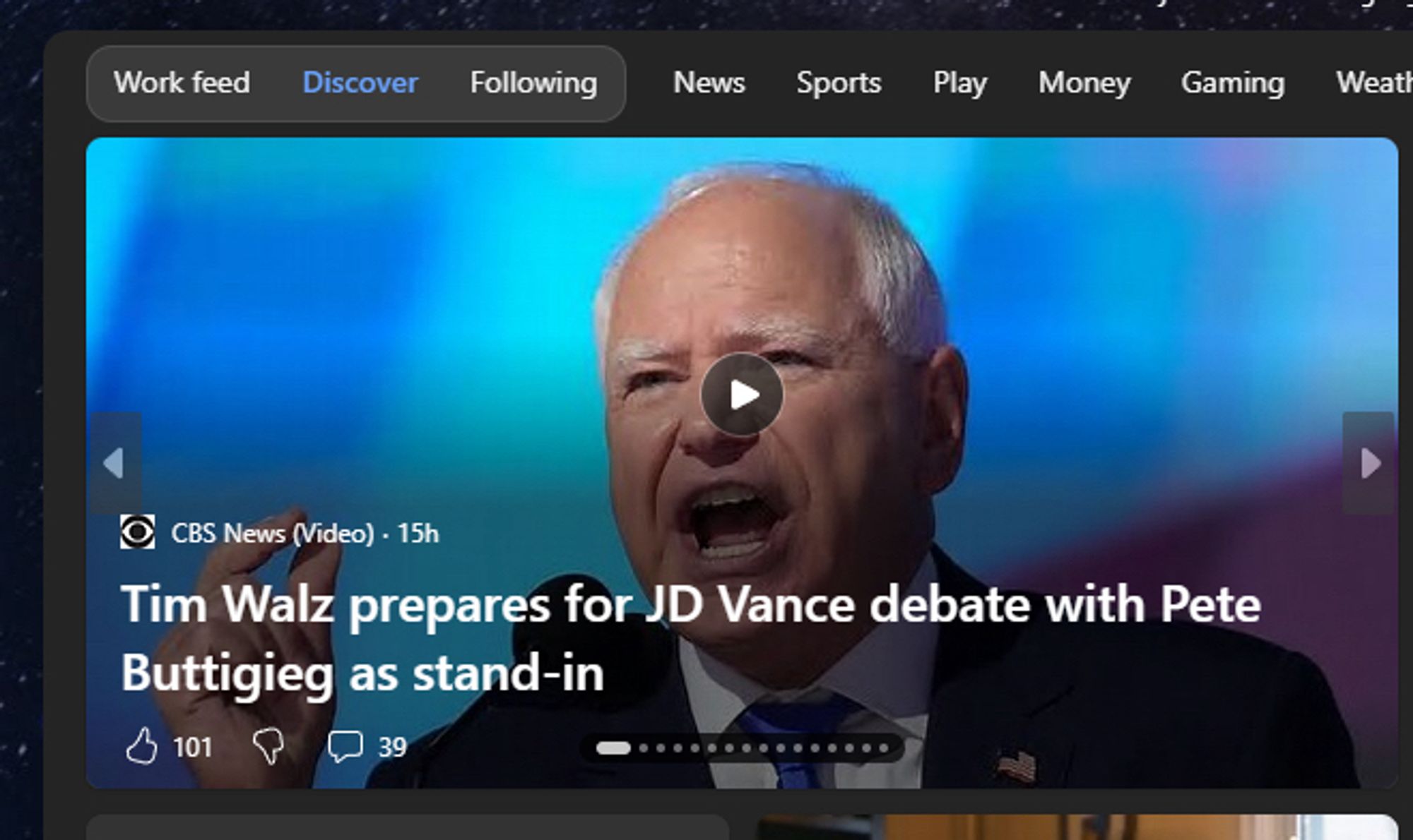 Screenshot of an article with a picture of Tim Walz and the headline “Tim Walz prepares for JD Vance debate with Pete Buttigieg as stand-in” which kind of feels mean until you remember that Vance is the worst