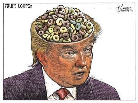 A cartoon from 2016 depicts a cranial view of the inside of  Trump’s brain, and it's full of Fruit Loops.