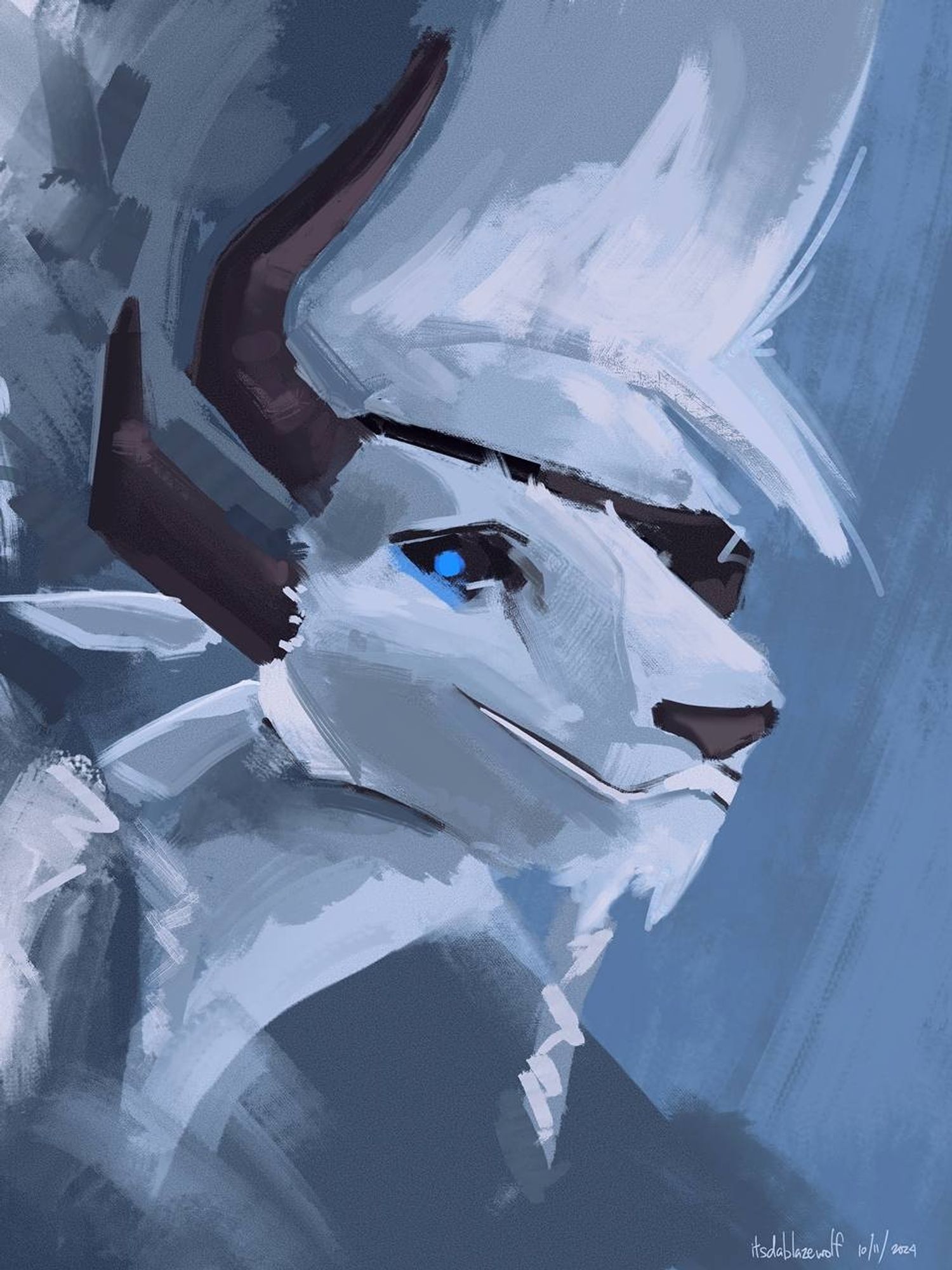 A portrait of a white charr with blue eyes. His other eye has an eye patch.

tags: blaze-art