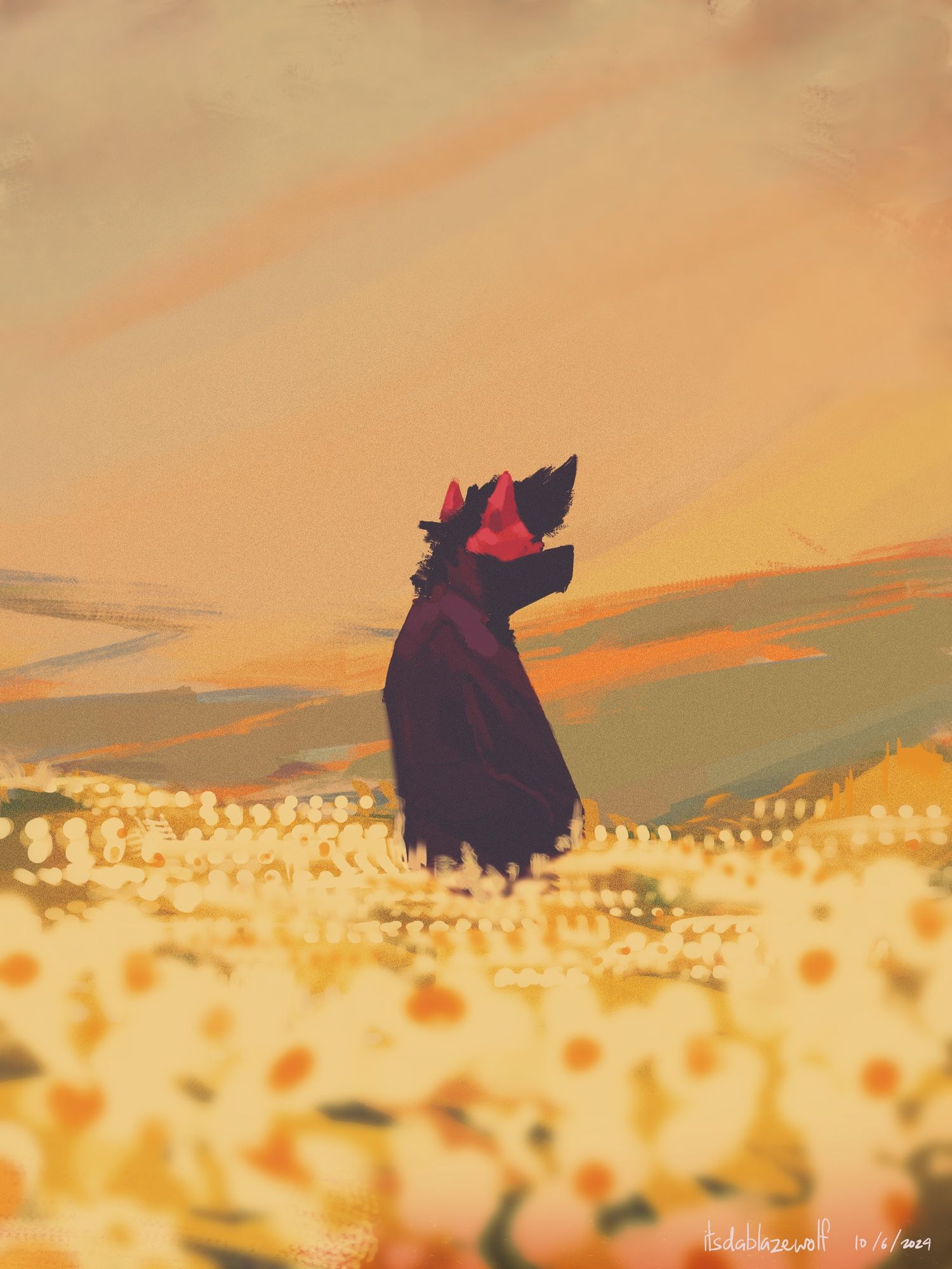 Blaze standing in a field of daisies in the center of the frame. He is looking away from the camera as the sun sets behind him, casing a golden hour.

tags: blaze-art