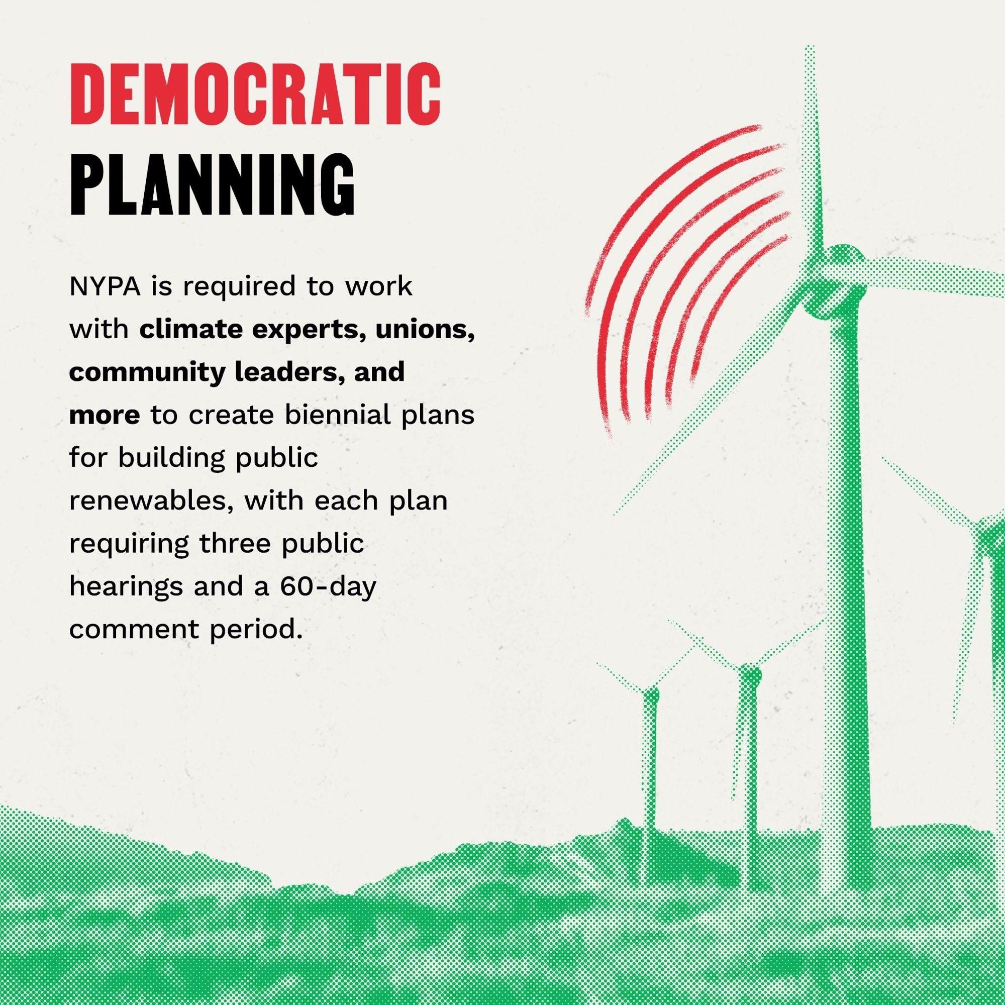 DEMOCRATIC PLANNING
NYPA is required to work with climate experts, unions, community leaders, and more to create biennial plans for building public renewables, with each plan requiring three public hearings and a 60-day comment period.