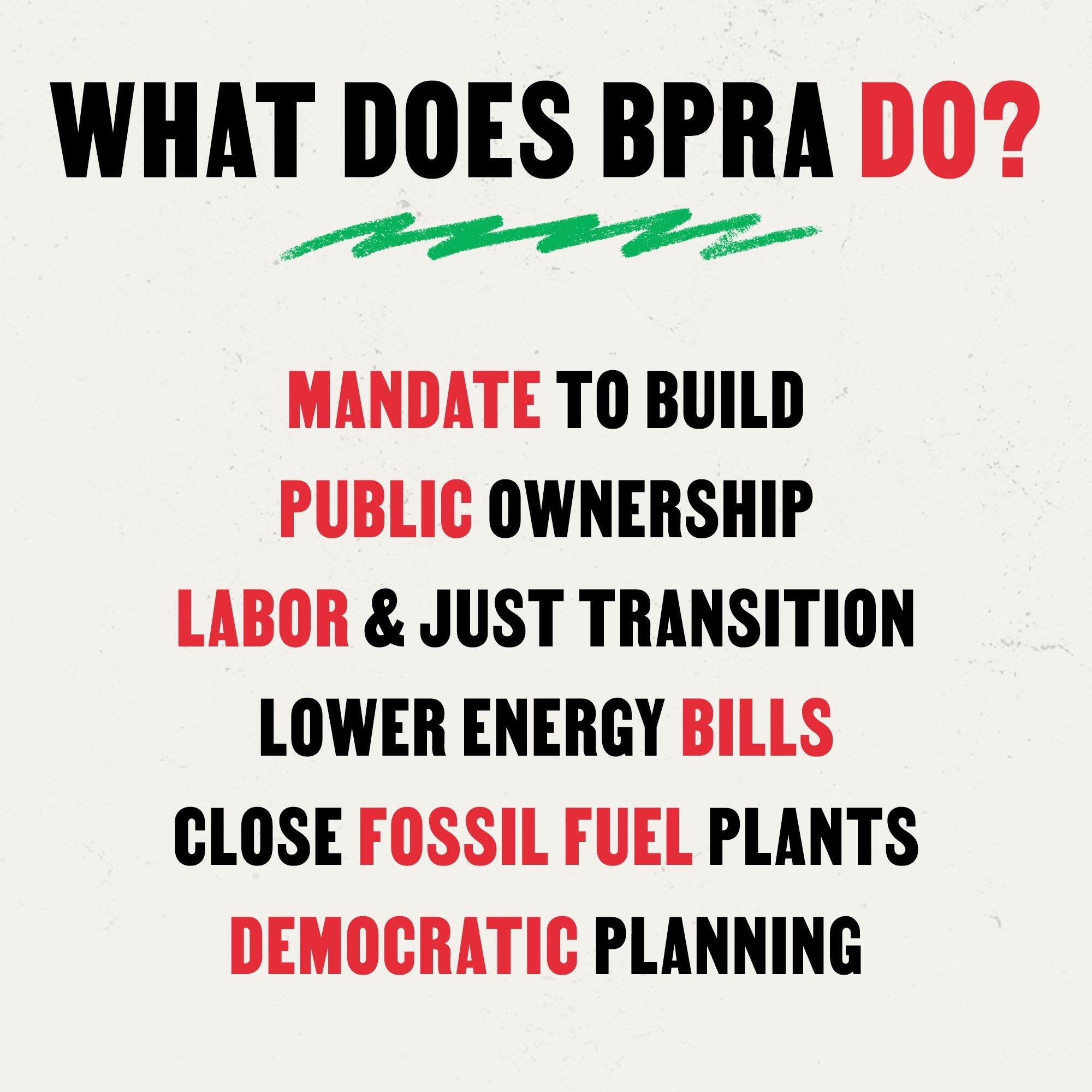 WHAT DOES BPRA DO
Mandate To Build
Public Ownership
Labor and Just Transition
Lower Energy Bills
Close Fossil Fuel Plants
Democratic Planning