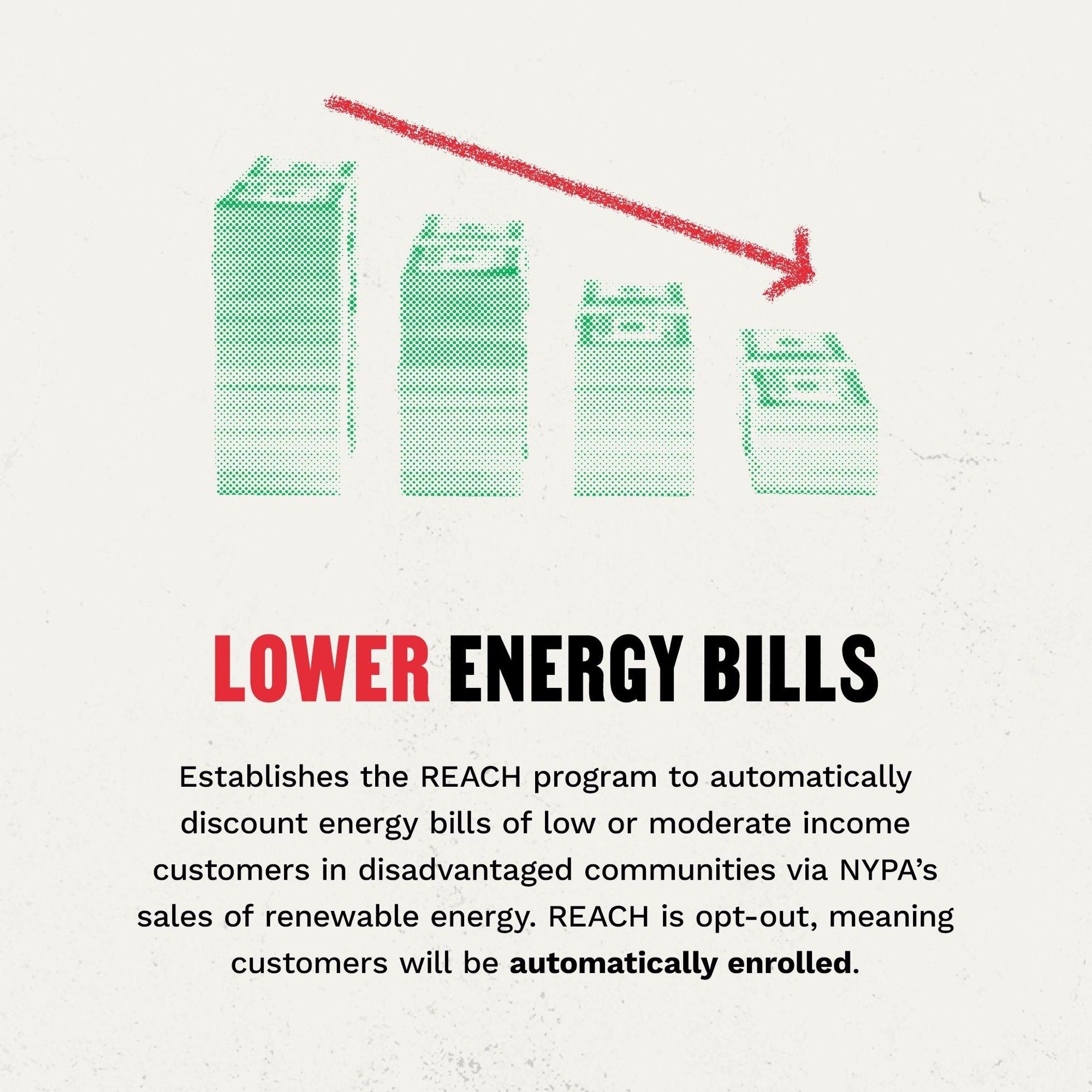 LOWER ENERGY BILLS
Establishes the REACH program to automatically discount energy bills of low or moderate income customers in disadvantaged communities via NYPA’s sales of renewable energy.

REACH is opt-out, meaning customers will be automatically enrolled.