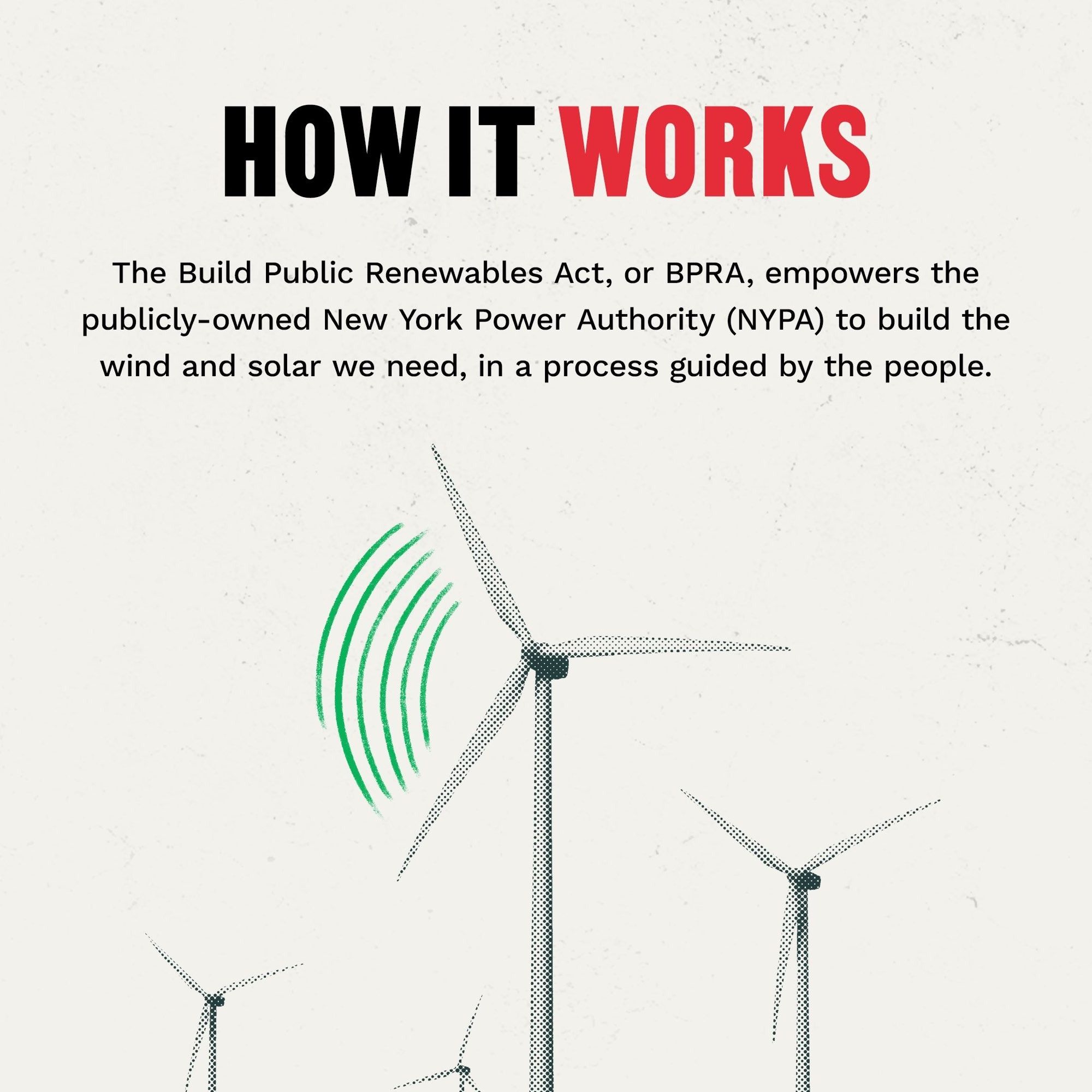 HOW IT WORKS
The Build Public Renewables Act, or BPRA, empowers the publicly-owned New York Power Authority (NYPA) to build the wind and solar we need, in a process guided by the people.