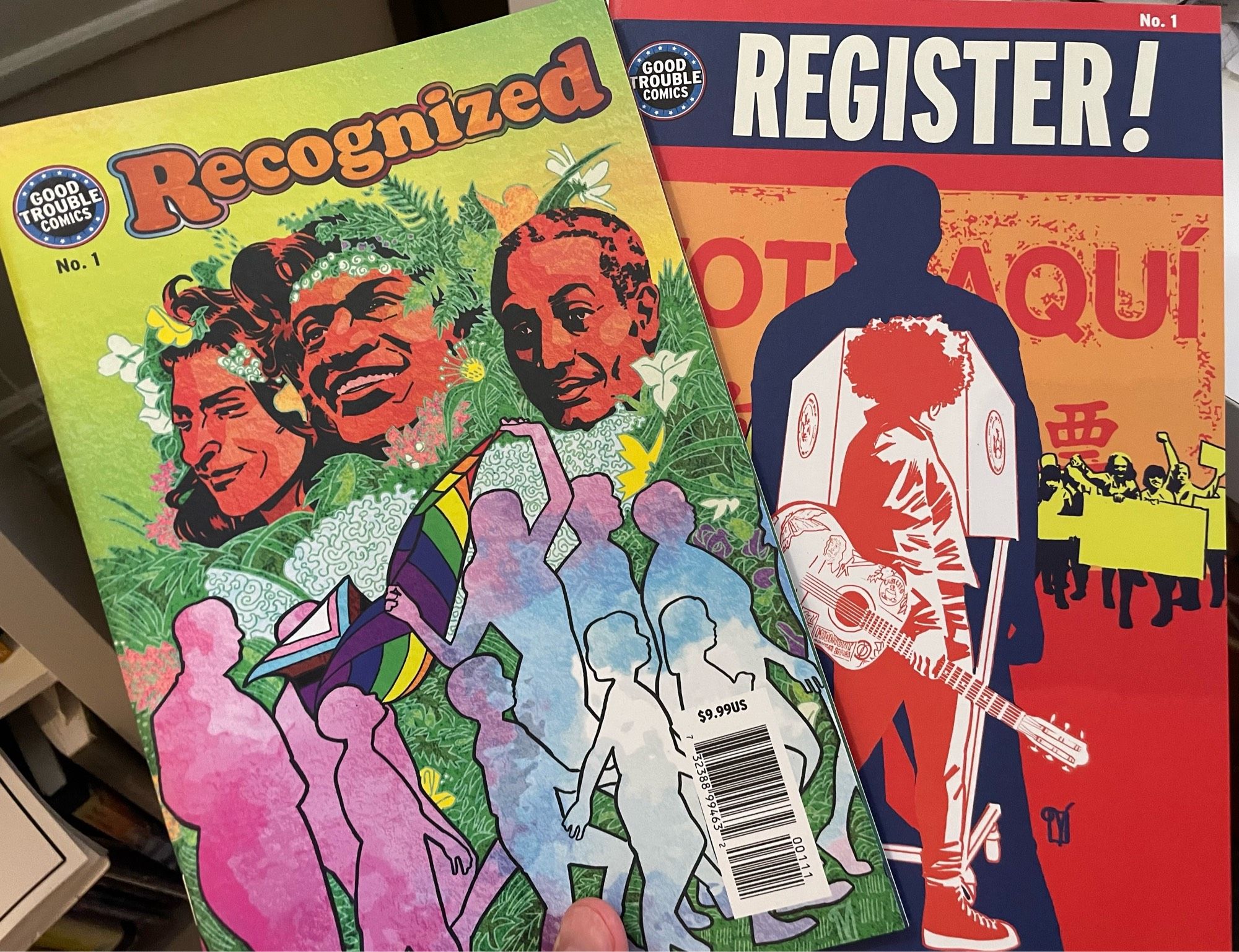 Cover to two comics recognized and register about civil rights and importance of voting