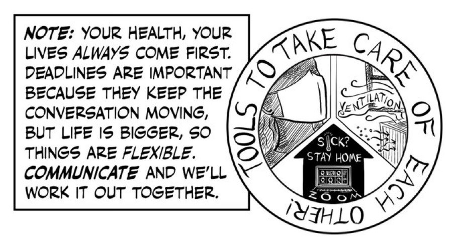 a few words and a little drawing in a circle from a drawn syllabus. The words read: Note: your health, your lives always come first. Deadlines are important because they keep the conversation moving, but life is bigger, so things are flexible. Communicate and we'll work it out together. There is text around the circle that reads "tools to take care of each other!" and then within the circle, arranged like a peace sign, close up on a masked person, close up on a corsirosenthal box and the words "ventilation" and a symbol for a house in black with white letters on it reading "sick? Stay home, and a drawing of a laptop that says "zoom"