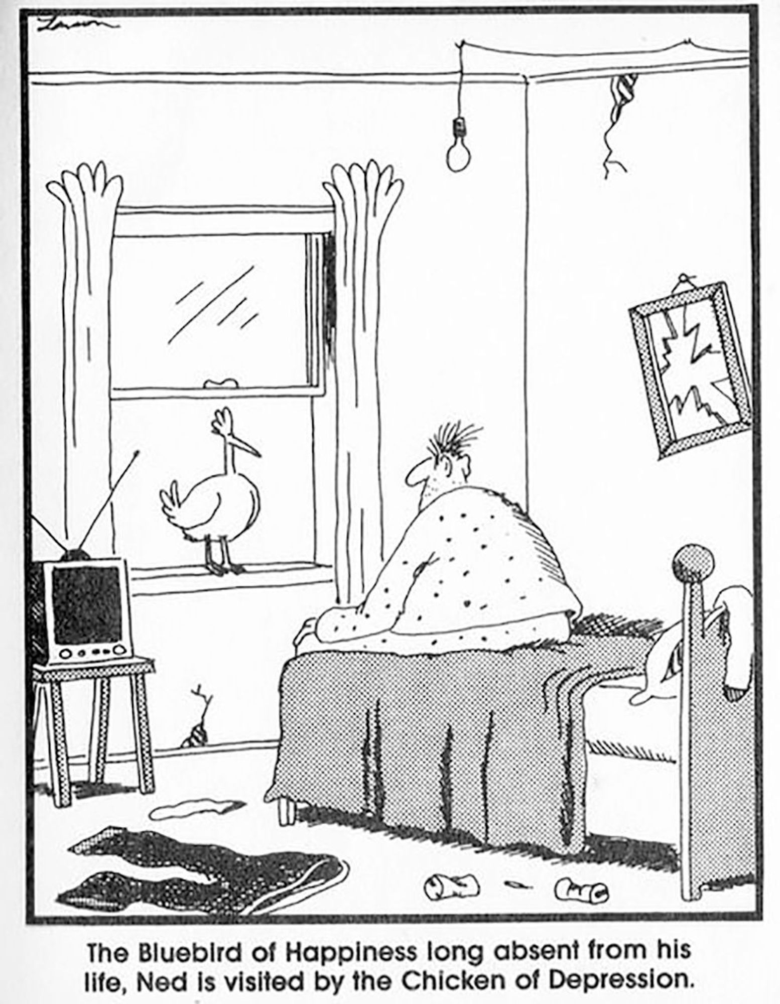 Far Side comic - The Bluebird of Happiness long absent from his life, Ned is visited by the Chicken of Depression.