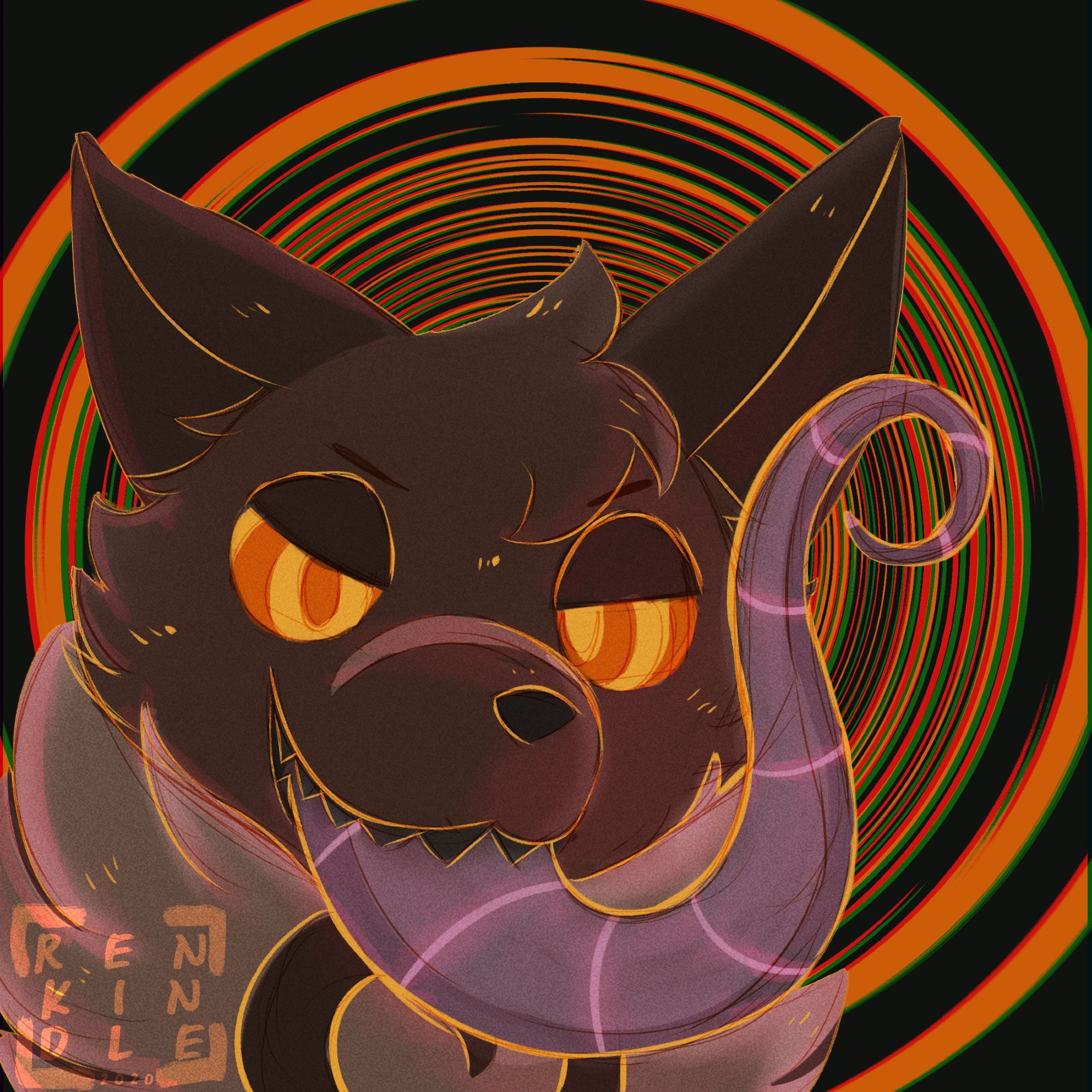 An illustration of a canine furry with hypnotic eyes, and a tentacle tongue with glowing stripes on it. They have brown and cream fur. The background is black with an orange spiral on it.