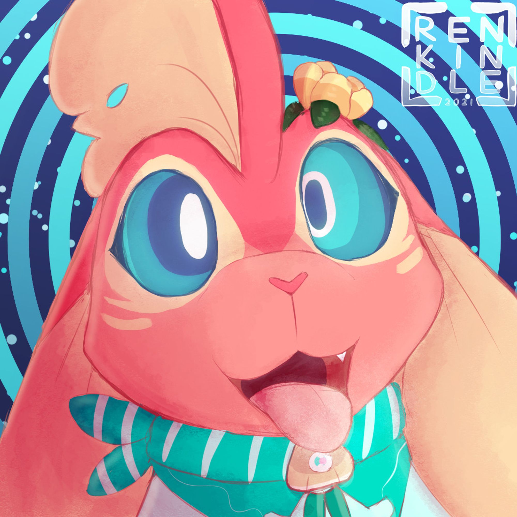 an icon illustration of a hypnotized pink vaporeon, a pokemon that has a combination of canine, feline, and fish traits. The background is blue and cyan rings.