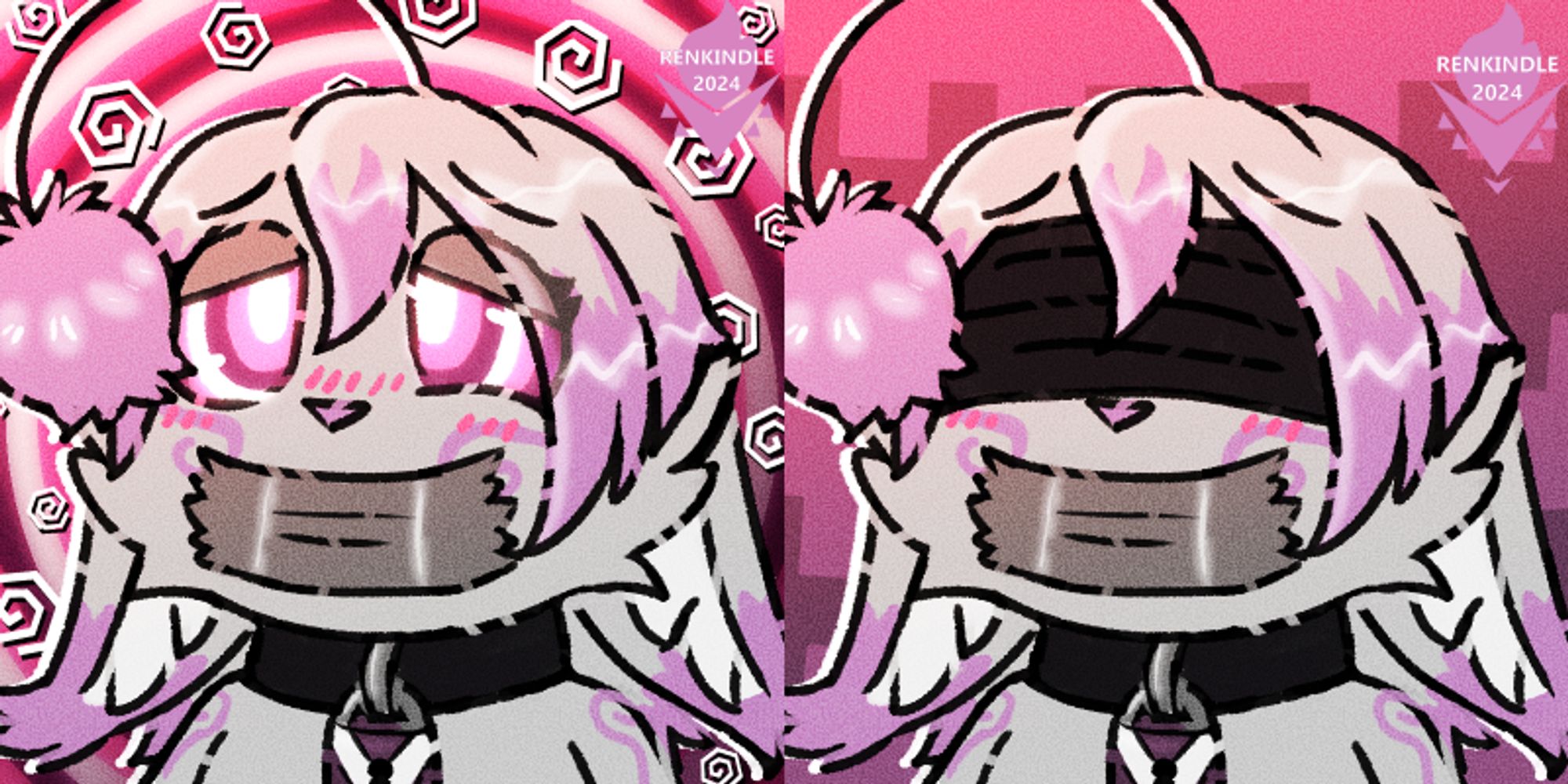 Two icons of a blushing female Moogle, with a thick black collar around her neck and duct tape across her mouth. One of the icons depicts her hypnotized, the other one has a blindfold over her eyes.