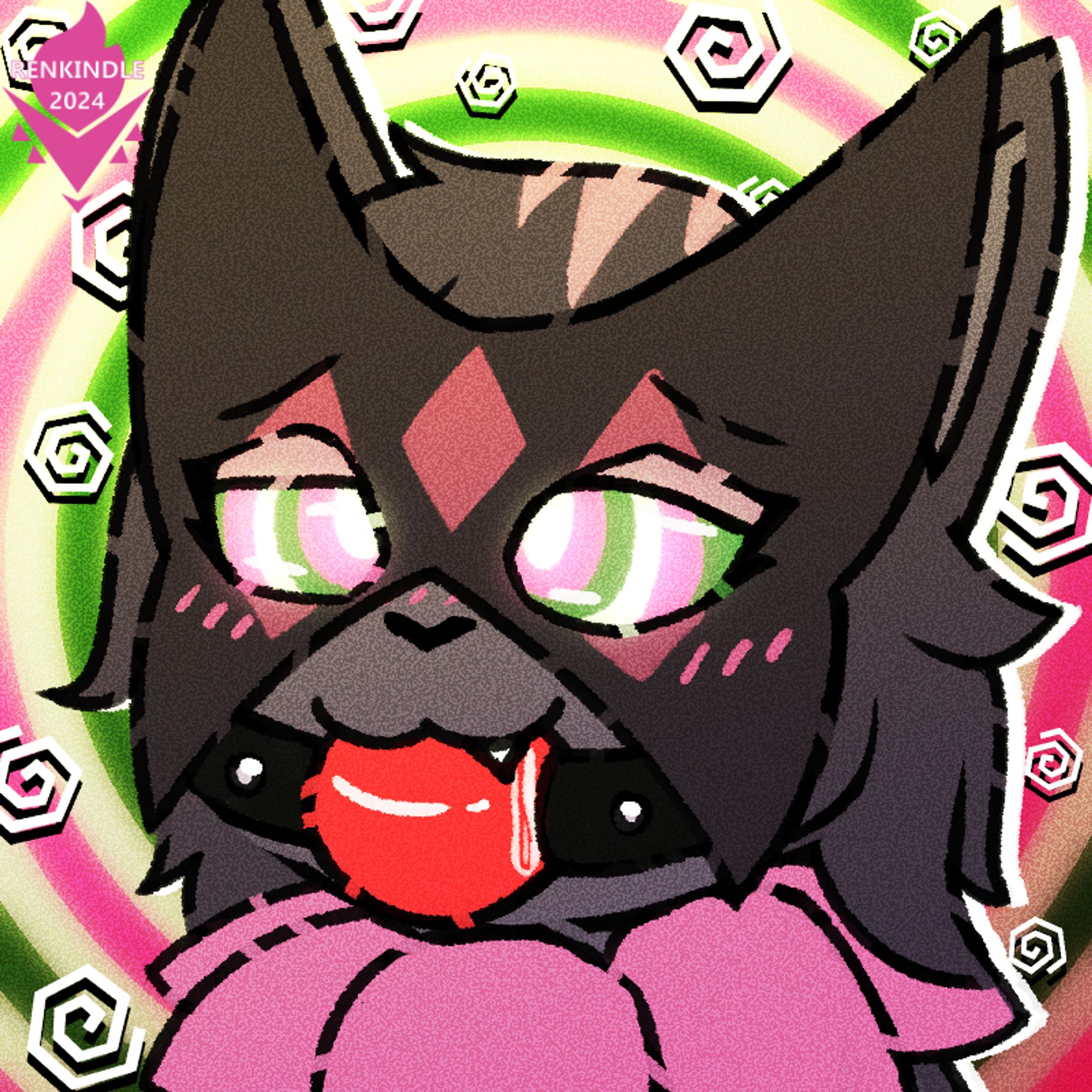 An icon of a female anthro cat that is dressed in a Meowscarada cosplay. She is blushing and hypnotized, and has a bright red ballgag in her mouth.