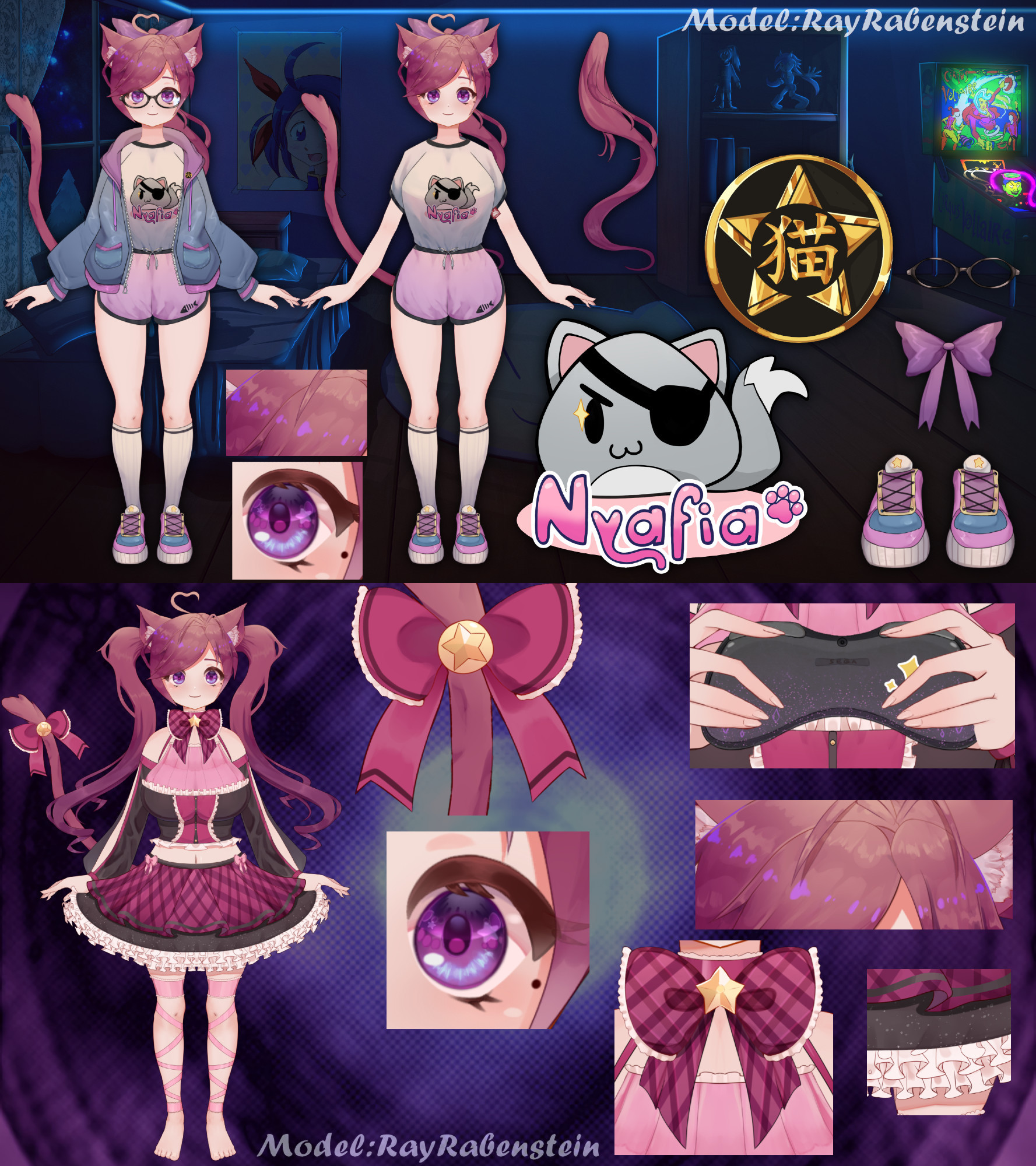 This image is a combined model reference sheet for VTuber Saralene.

The top half has her current main outfit, a casual fit with a T-Shirt bearing the "Nyafia" logo and a ponytail, as well as a clan pin.

The lower half has her magical girl outfit, emphasizing details like star emblems and a space-patterened skirt, with many ribbons.