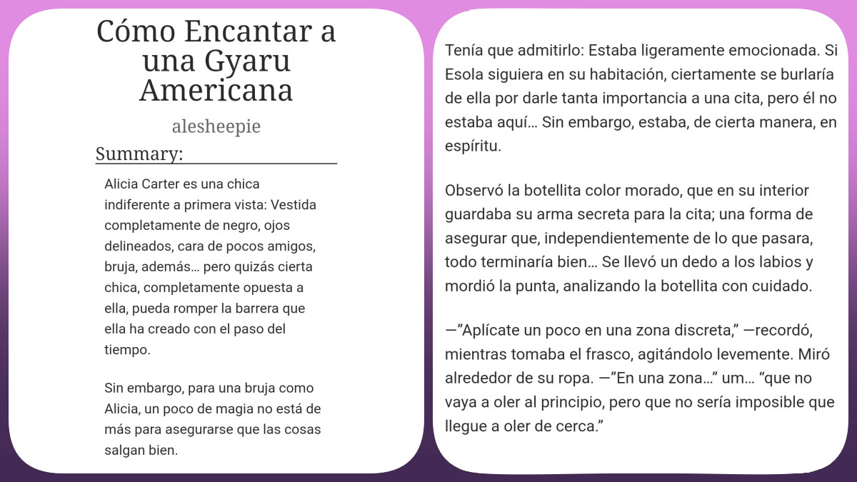 A preview of the fanfic "Cómo Encantar a una Gyaru Americana (How to Charm an American Gyaru)"

Summary: Alicia Carter is an indifferent girl upon first glance: Dressed in all black, thick eyelinger, unfriendly face, a witch, to boot... Perhaps a certain girl, completely opposite to her, might be able to break the barrier she's made over time.

However, for a witch like Alice, a little bit of magic can't be too bad if it means making sure everything goes well, right?