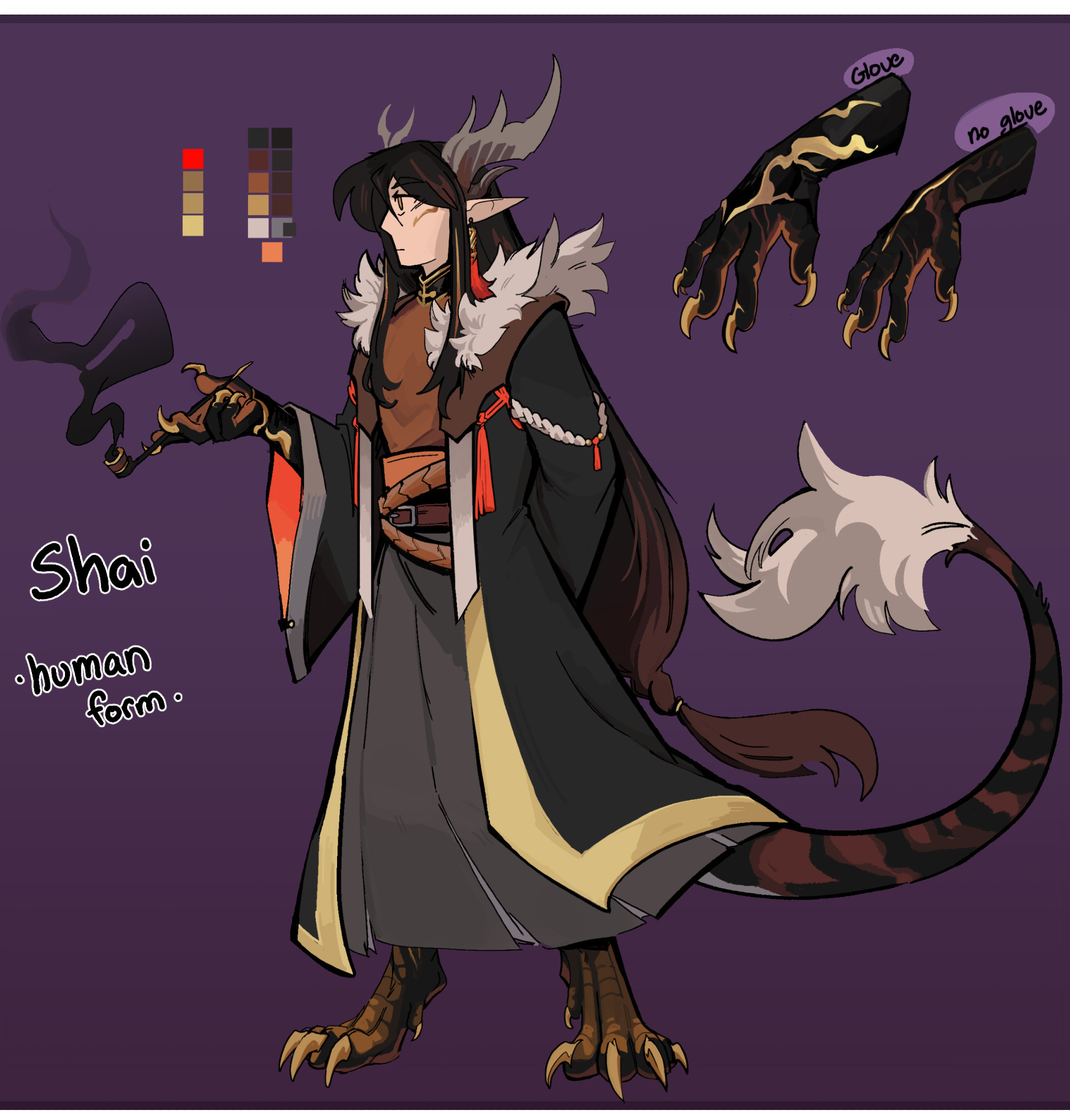 Ref sheet: 
Text: Shai, Human form
humanoid with horns and pointy ears, wearing dark clothing and fur over the shoulders, holding pipe, its feet are dragon talons , and tail is black with white fur at the tip.  
top right: displaying it wearing it's fingerless glove and without glove