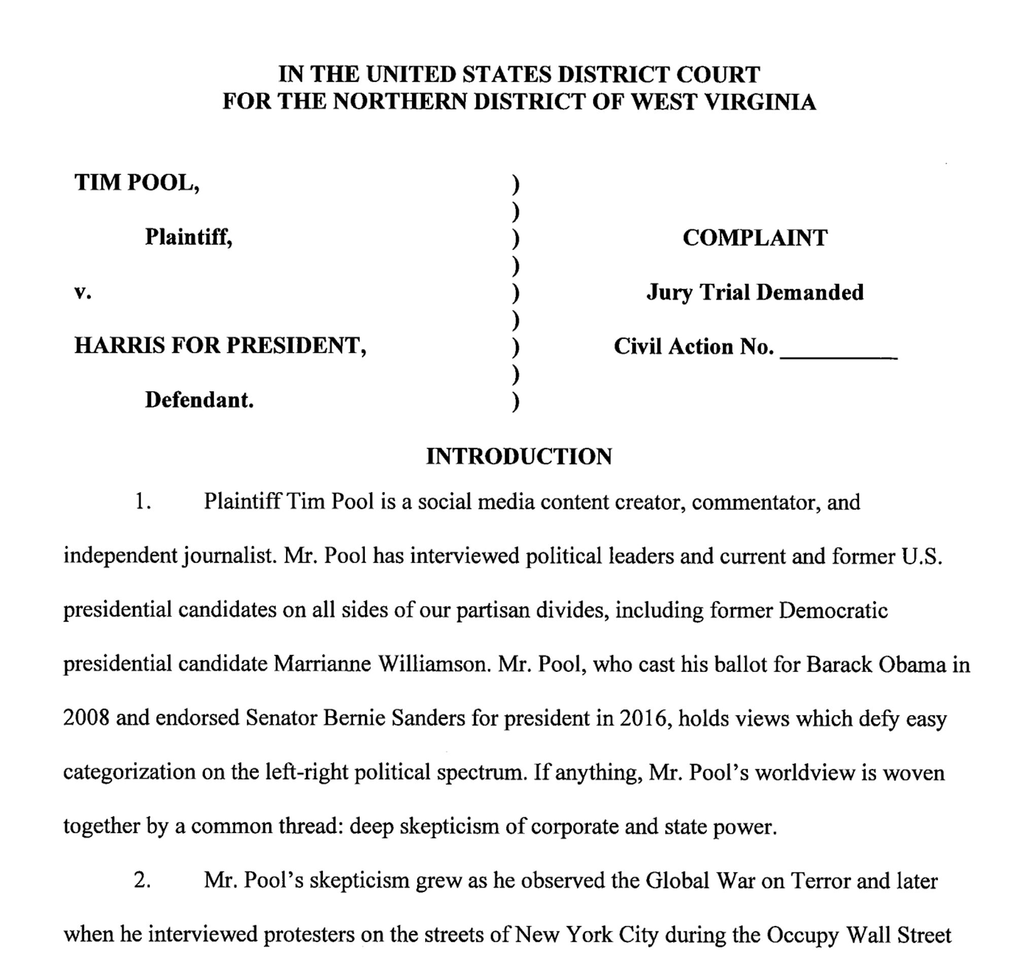 First page of lawsuit in federal court in West Virginia captioned Tim Pool v. Harris for President