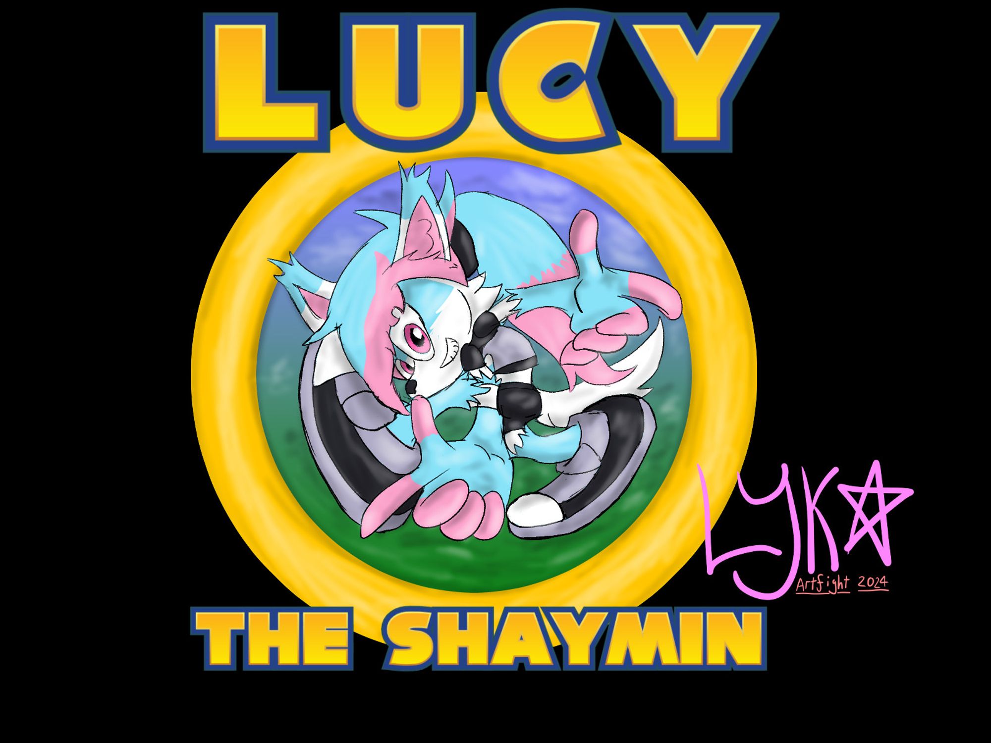 Lucy: The Shaymin. A sonic-themed piece with a golden ring encircling the titular Lucy, a pale blue, pink & white shaymin (from Pokemon) striking the classic Sonic Adventure pose.