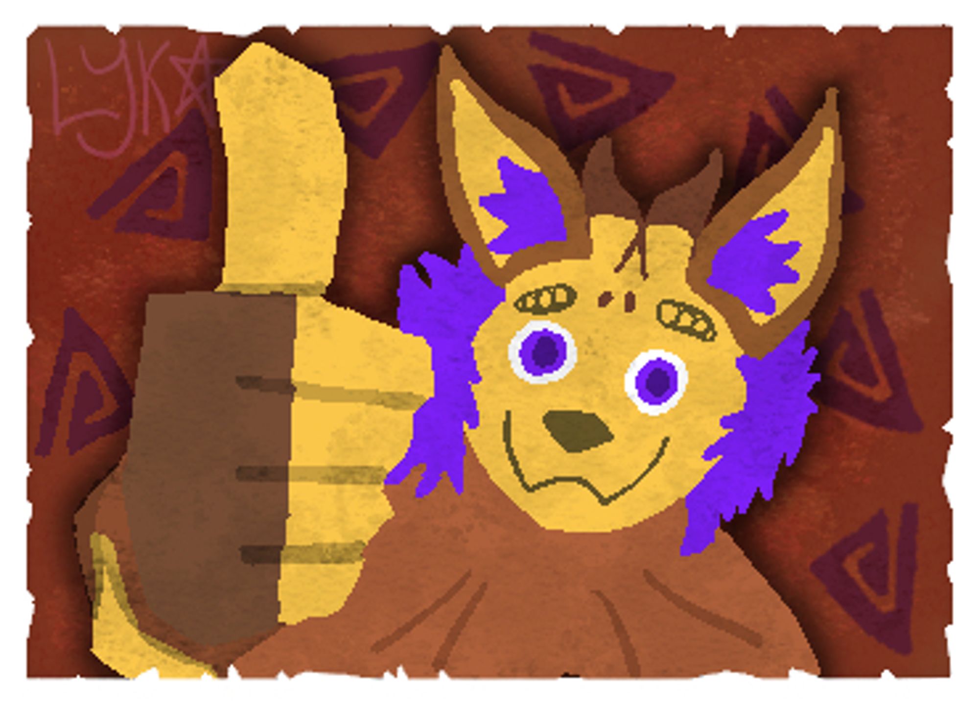 Tian, a yellow kobold with purple hair wearing an orange-brown poncho, giving a massive thumbs up in the simplified, blocky artstyle of the Monster Hunter World stickers