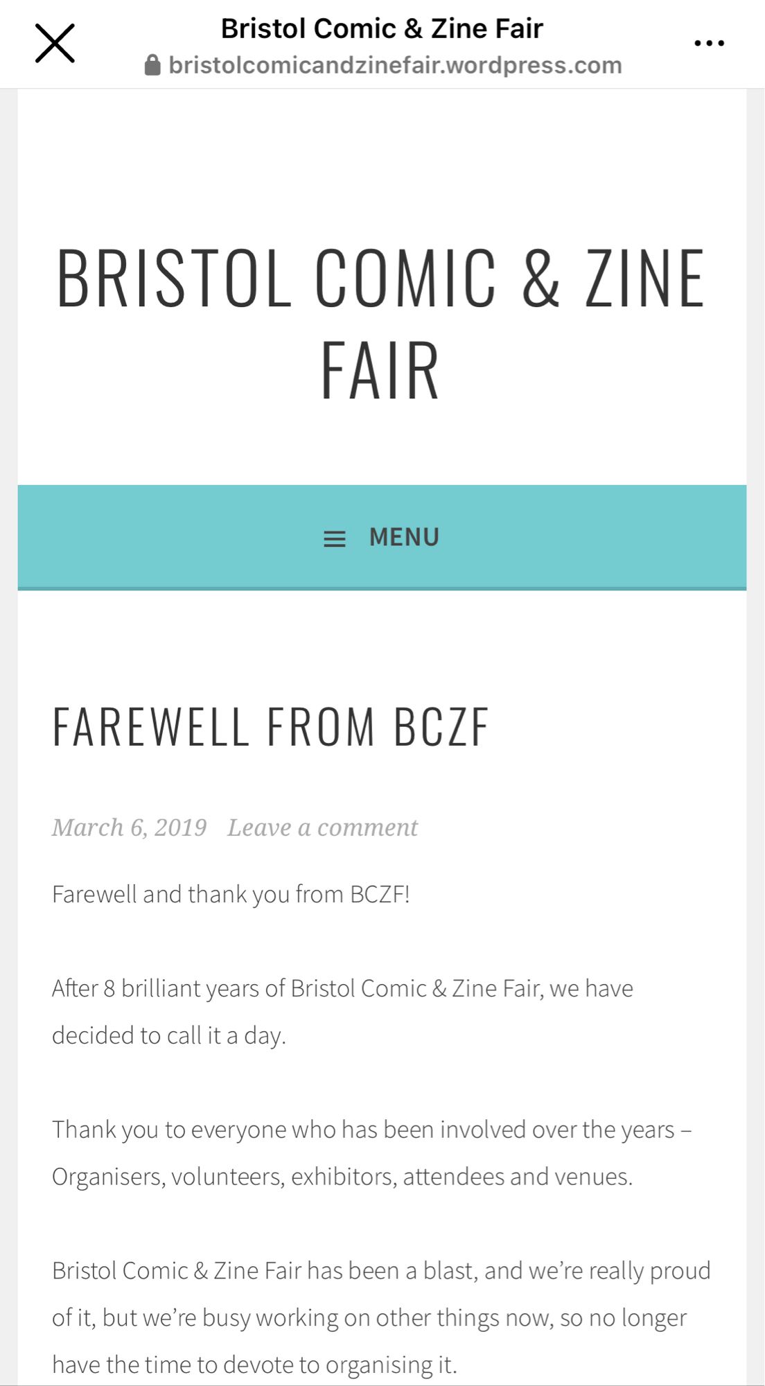 Screenshot of a blog post by Bristol Comic & Zine Fair in 2019.
Title Text reads FAREWELL FROM BCZF