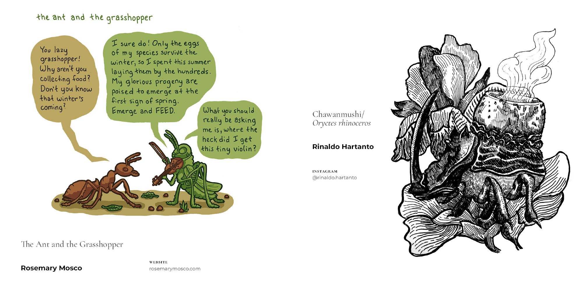 inside spread showing a comic about an ant and a grasshopper by Rosemary Mosco and a black and white drawing of a beetle by Rinaldo Hartanto