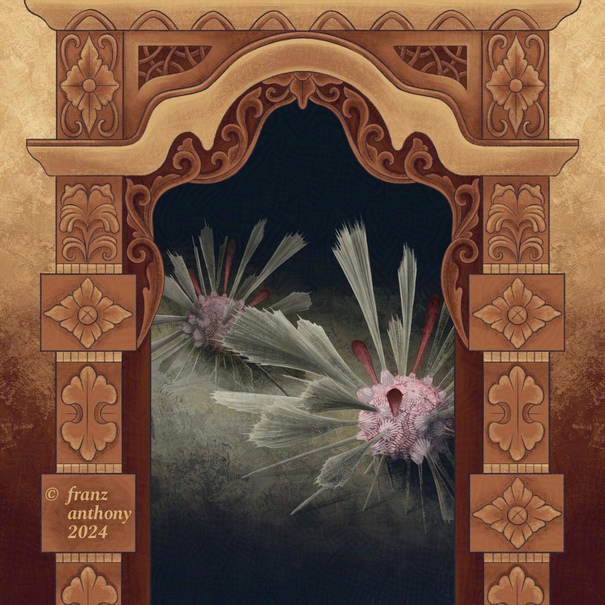 Deep sea scene with two urchins on a seafloor. Instead of pointy, their spines look like fans. The image is framed by an ornate carved wood window.