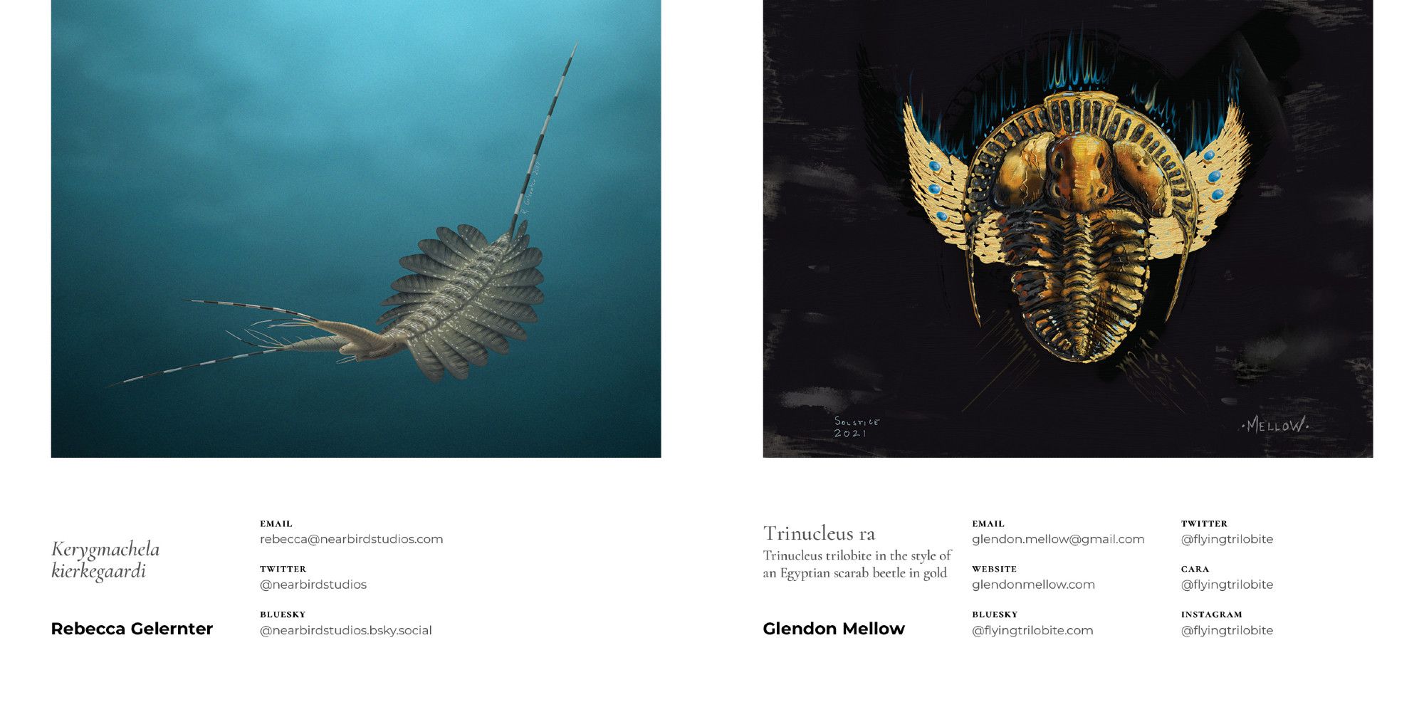 inside spread showing two paintings of fossil invertebrates, the wormlike Kerygmachela kierkegaardi by Rebecca Gelernter and a golden trilobite by Glendon Mellow