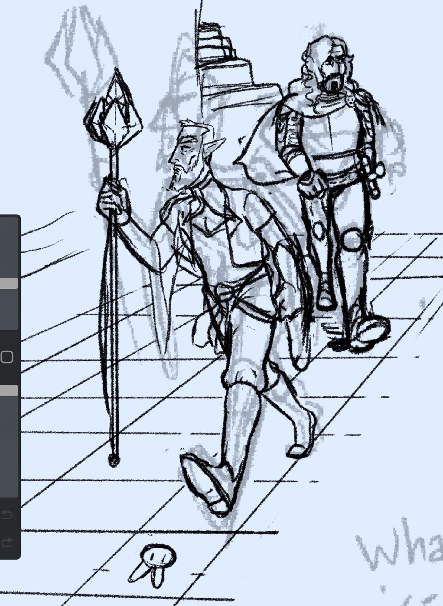 Rough digital sketch of two men walking through a dungeon. A tile on the floor is marked with a cartoonish bunny symbol and the man holding a staff with crystals on it is about to step on it