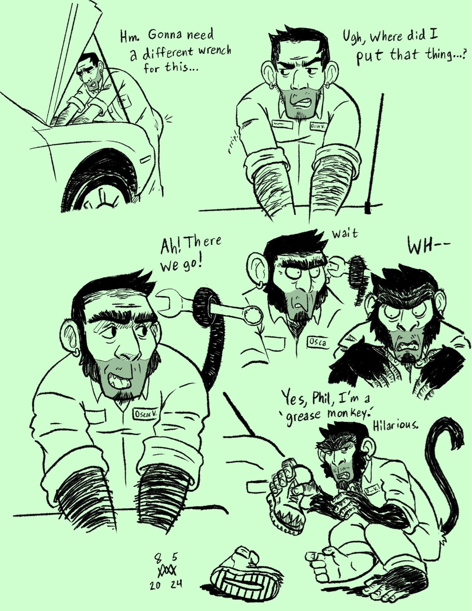 A comic wherein a mechanic turns into a monkey, unaware of the change until it's almost done 🪄✨
#TFTuesday # TFEveryday