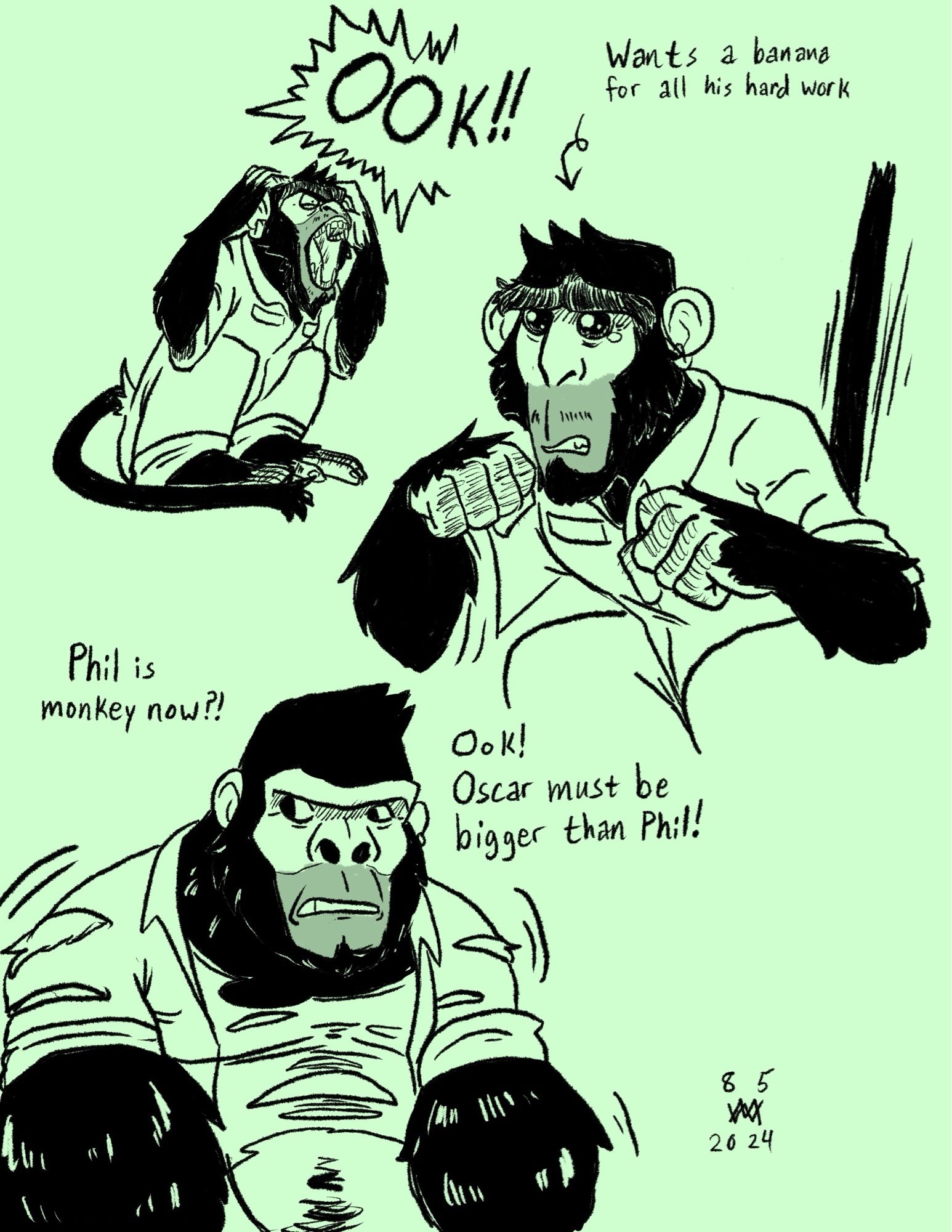 Drawings of a mechanic that's been turned into monkey expressing his frustration at the transformation, a desire for bananas and turning himself into a gorilla so he'll be bigger than his coworker 🪄✨