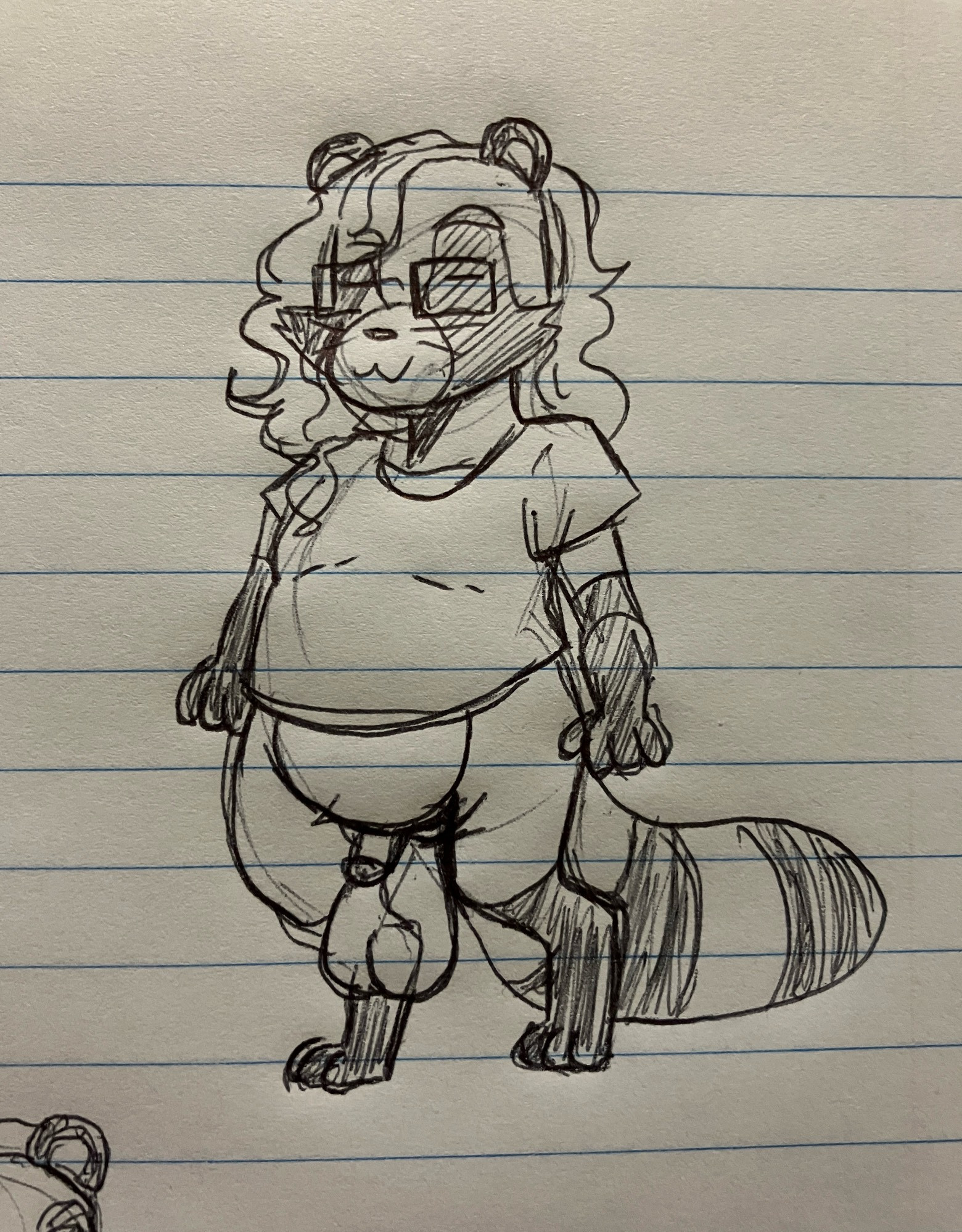 Cute tanuki fursona sketch. They have long hair and are only wearing a t shirt so their balls can hang loose