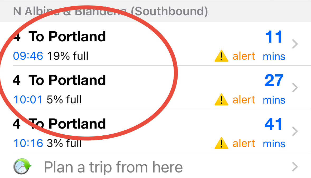 PDX Bus App screenshot, highlighting bus fullness 