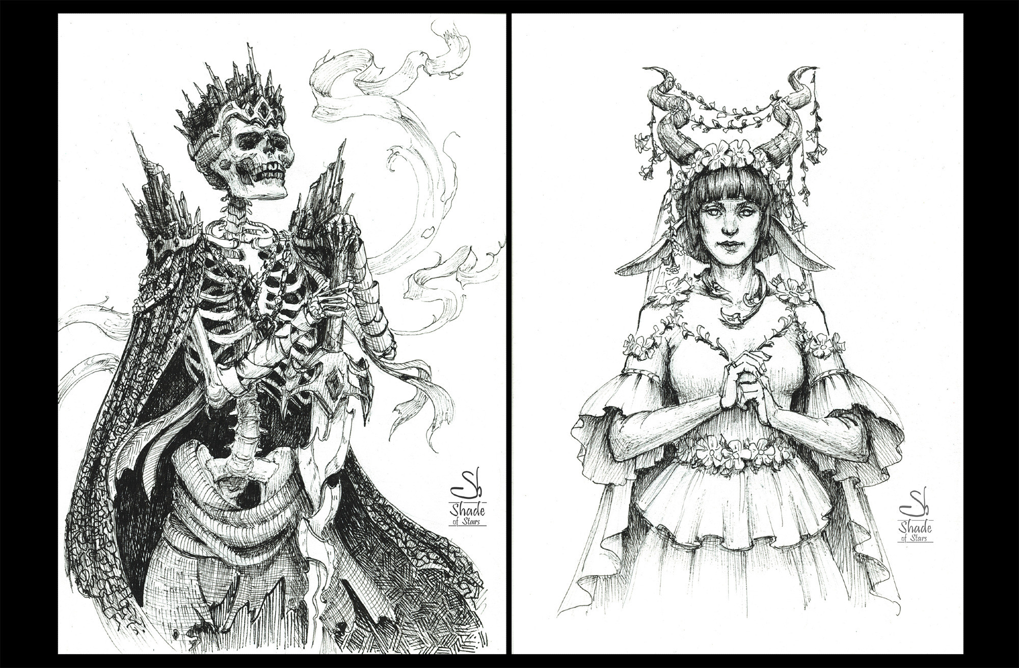 Two fineliner drawings fro my sketchbook.
The first one is undead skeleton king with a sword.
The second is a woman in a dress with flower decorations, she has horns and goat-like ears.