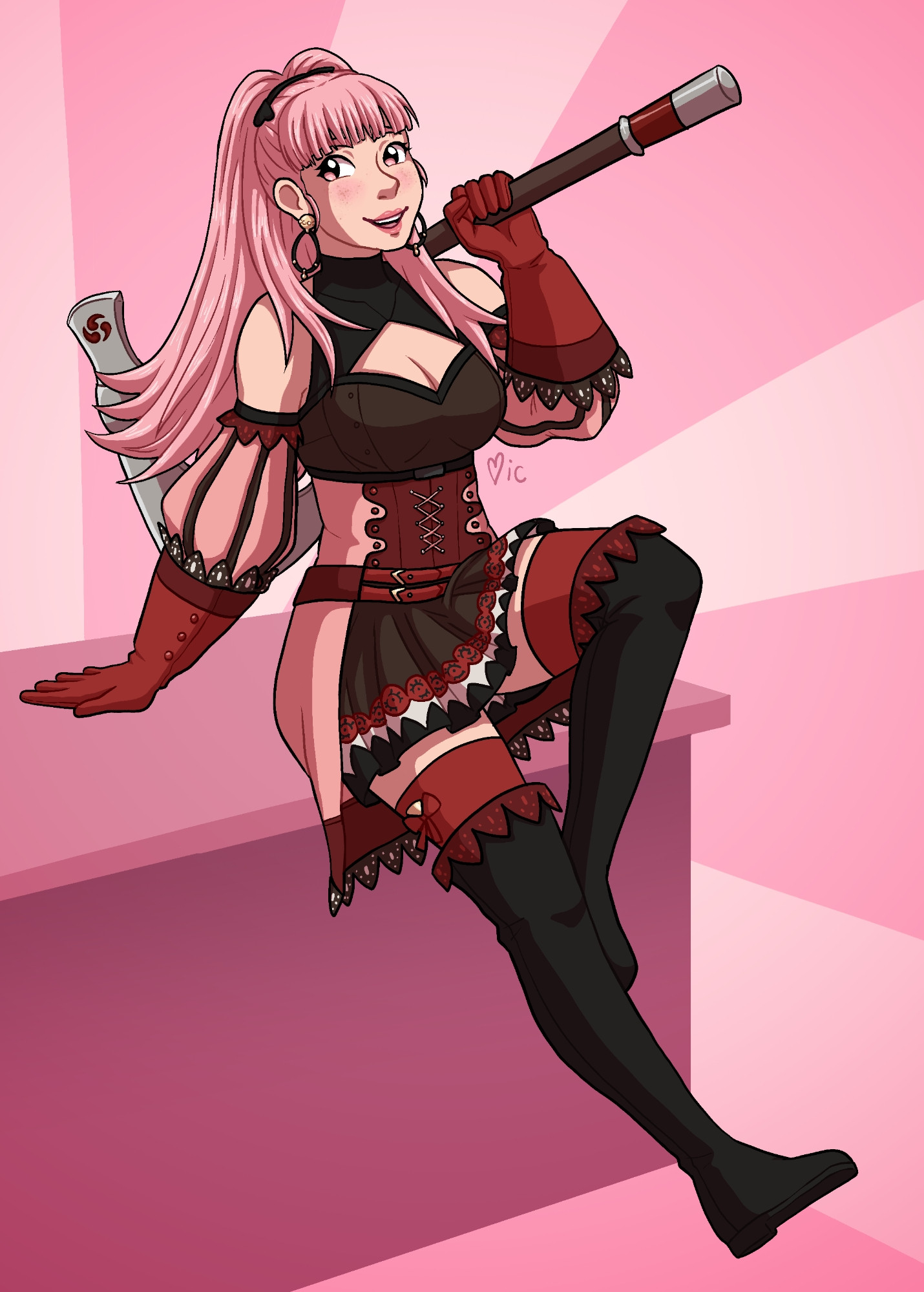 Hilda from Fire Emblem: Three Houses in her post-timeskip outfit. She is sitting on a desk and holding an axe over her shoulder. She is looking off to the side and smiling. Behind her is a simple pink background. 