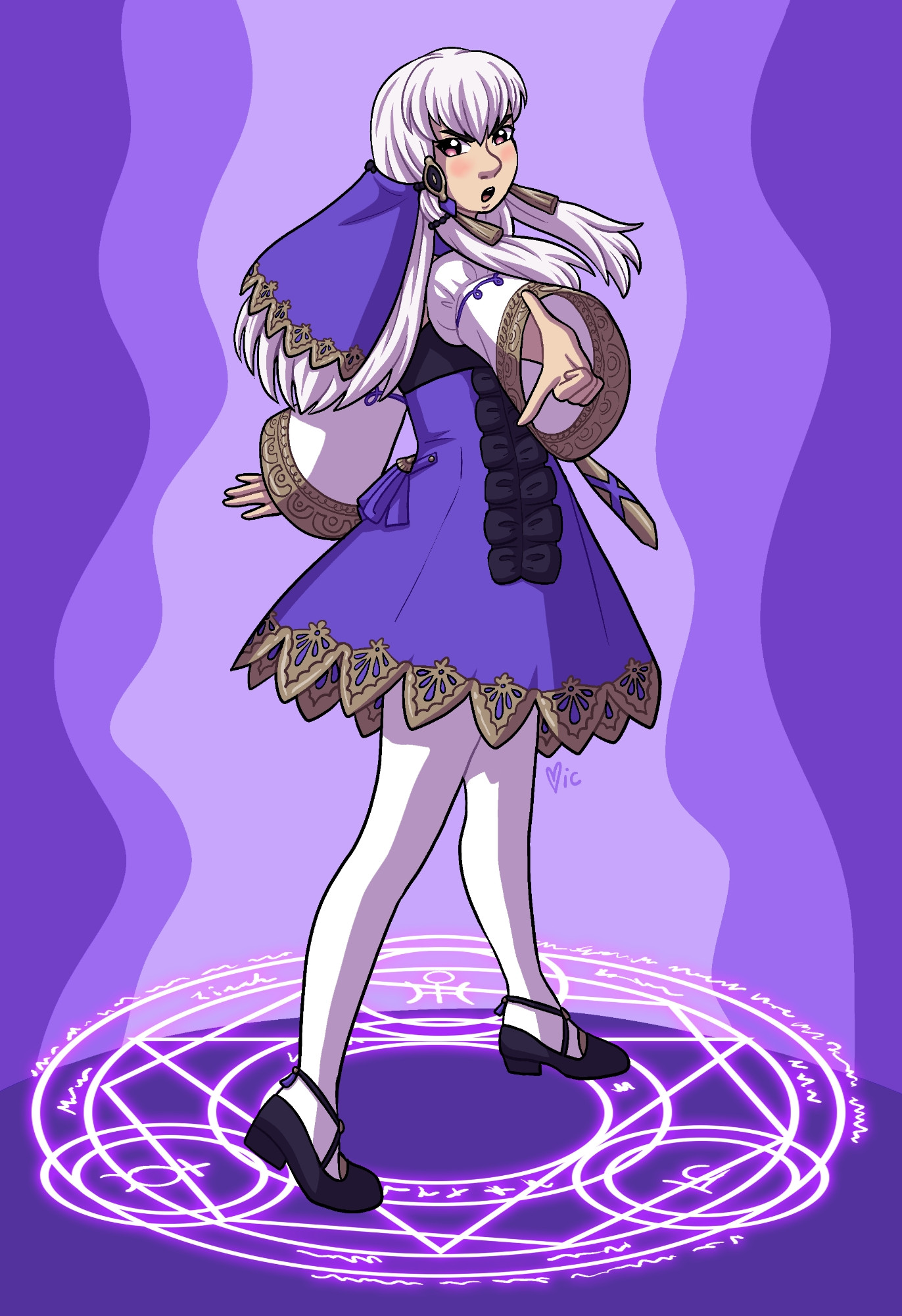 Lysithea from Fire Emblem: Three Houses in her post-timeskip outfit. She is turning back and pointing toward the viewer while standing on a large purple magic circle. Behind her is a simple purple background that resembles smoke rising from the magic circle. 