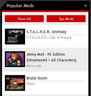 a snippet of the moddb "popular mods" sidebar, showing STALKER Anomaly on first place, "Jenny Mod - PC Edition (Uncensored + All Characters)" on second place, and Brutal Doom on third place