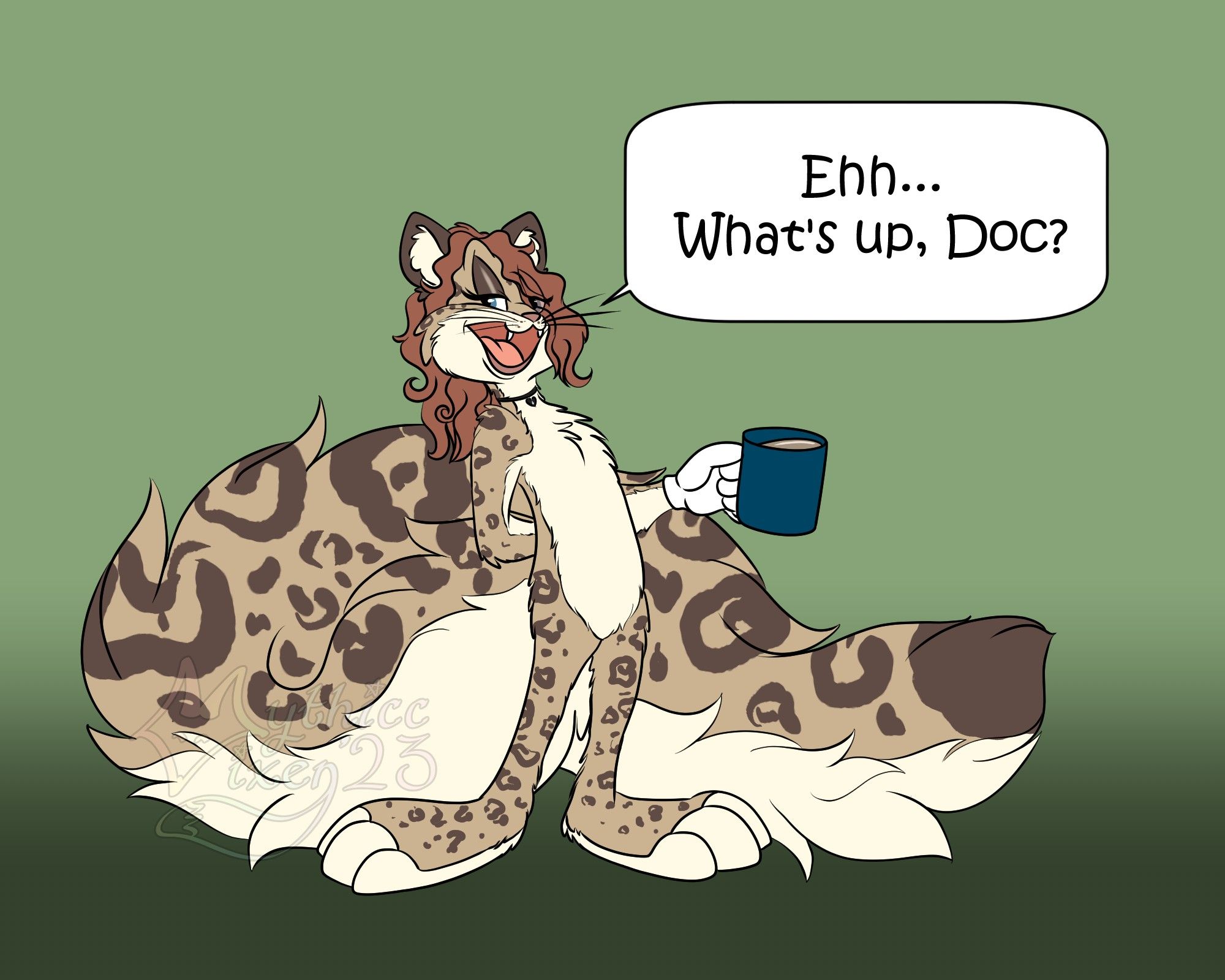 Drawn in Bugs Bunny's style, a latte colored snow leopard with an extra long and fluffy tail stands holding a blue mug of coffee. 

Mouth wide, it grins and says "Ehh... what's up, Doc?"