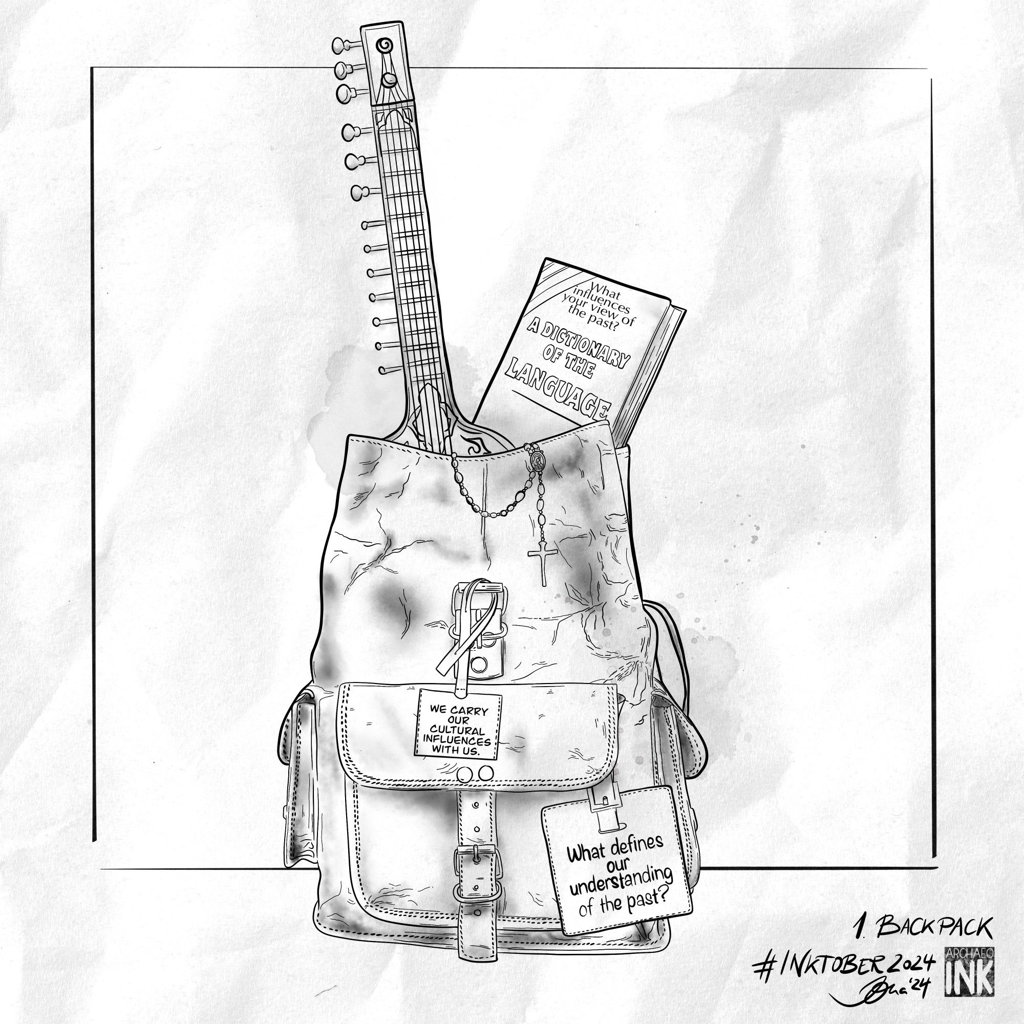 A backpack filled with symbolic objects: a sitar, a language dictionary, and a rose cross necklace. The sitar represents cultural memory, the dictionary symbolises the connection through language, and the necklace reflects the influence of belief systems in interpreting the past.