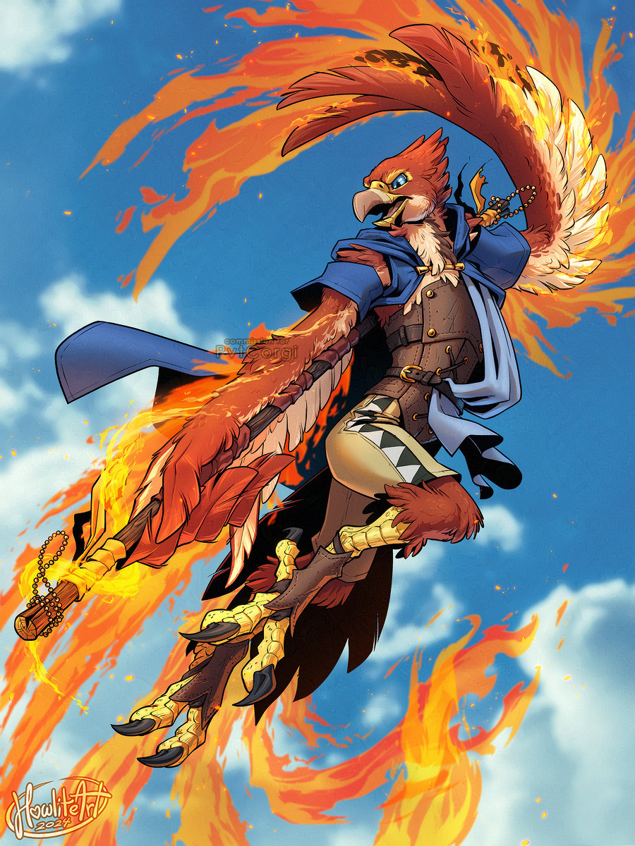 Digital art of a red Rito (anthro bird), wearing a blue cloak and battle leather. He is mid-air, pointing his wooden staff off-screen with a determined expression. Fire cloaks his outstretched wings and trails off his tail, making look like a phoenix.