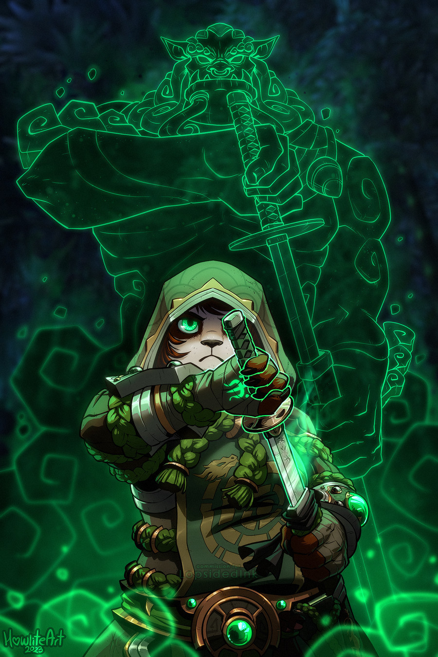 Digital art of a Pandaren monk, in hooded green armor, facing the viewer and drawing a sword from its sheath. Her hand and the sword are glowing green, with green flames coming off the blade. A cloud of mist is coalescing into a Mogu spirit behind her - it is also holding a sword and drawing it in the same pose as she is.