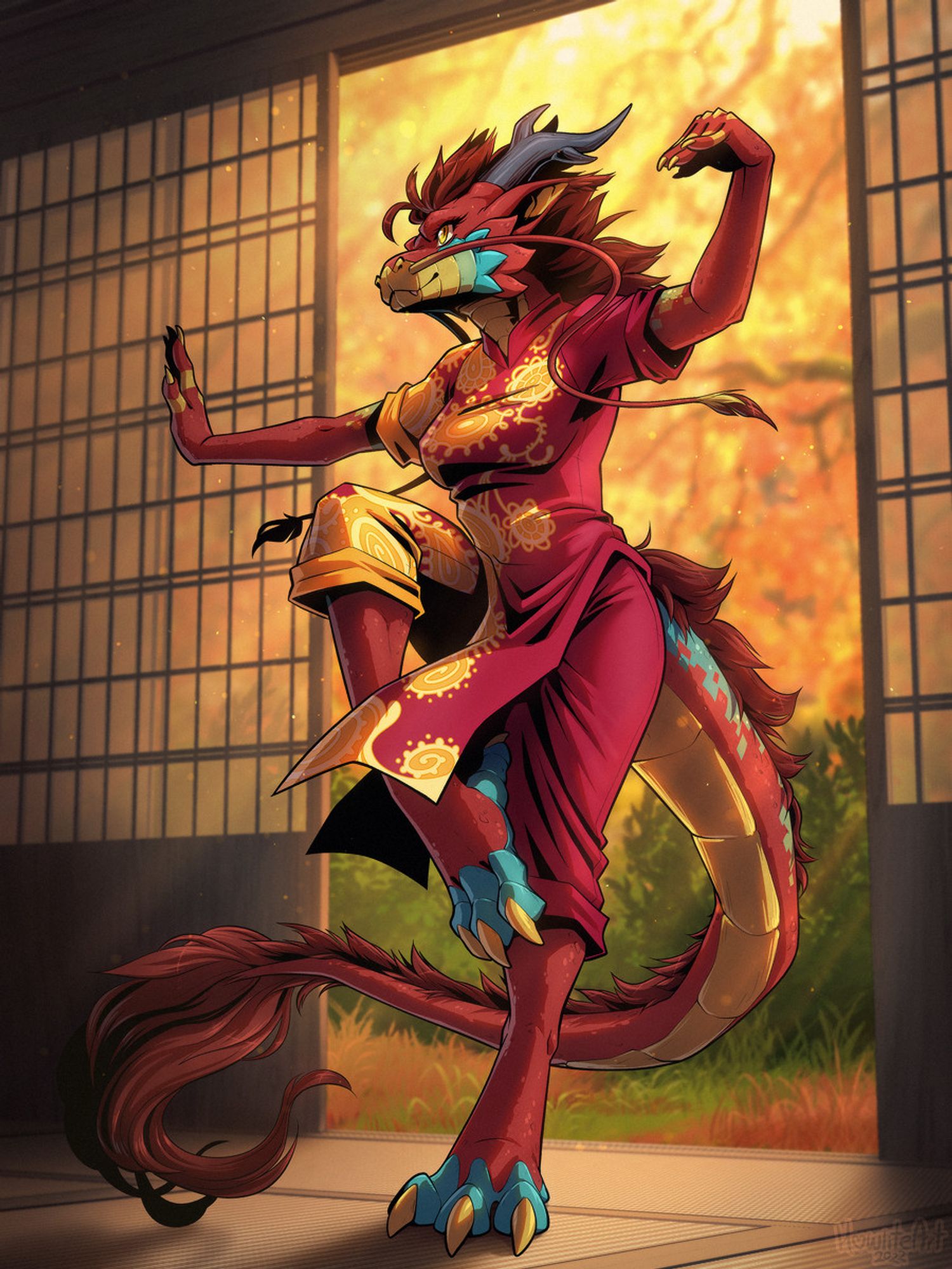 Digital art of a red Eastern dragon anthro lady, dressed in red and gold clothes. She is holding a crane pose, standing in the open doorway of a dojo while autumn sunlight streams in behind her.