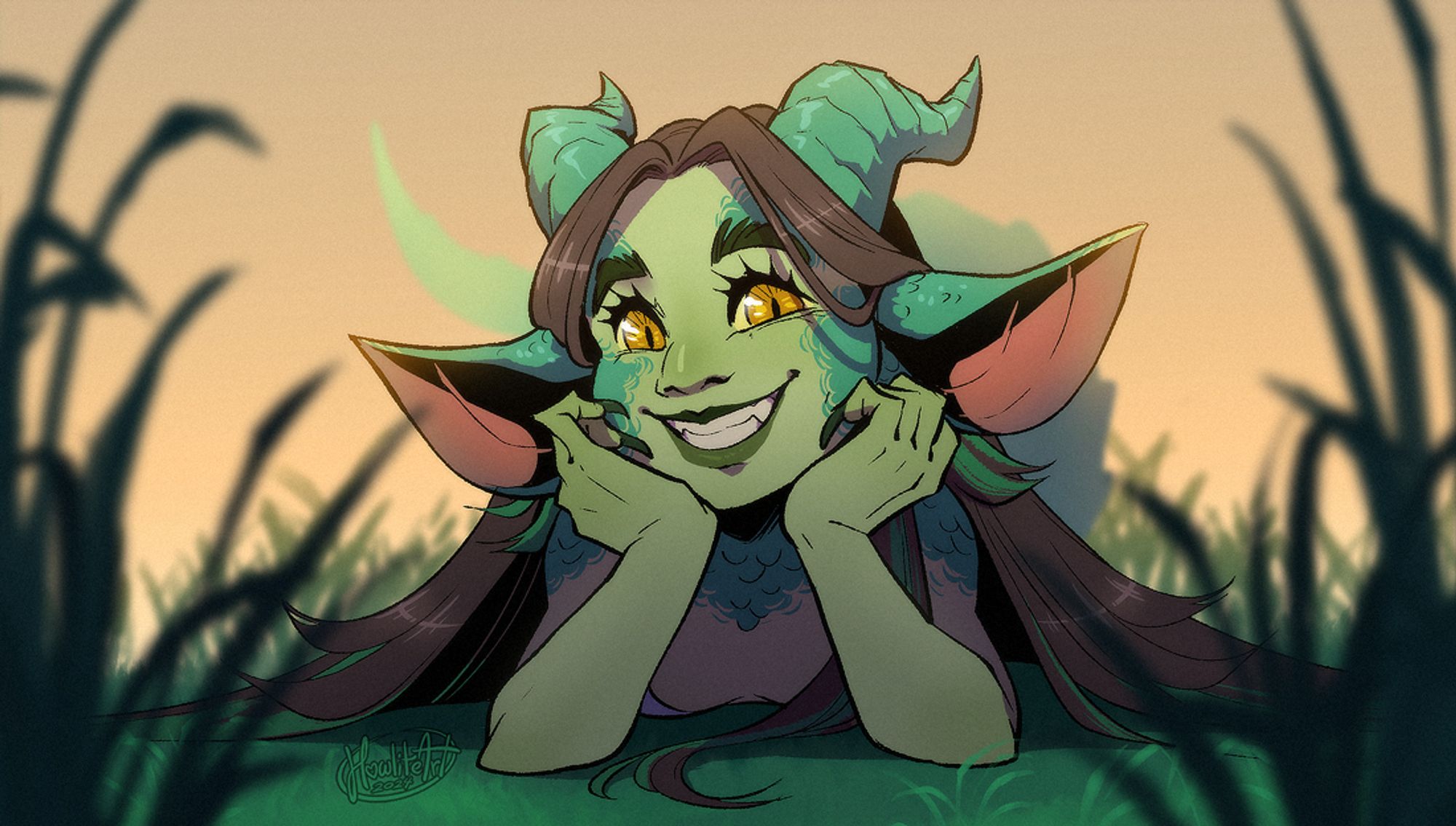 Digital art of a female goblin with dragon horns and scaled skin, laying on the ground with her head propped up on her hands. She is grinning at the viewer.