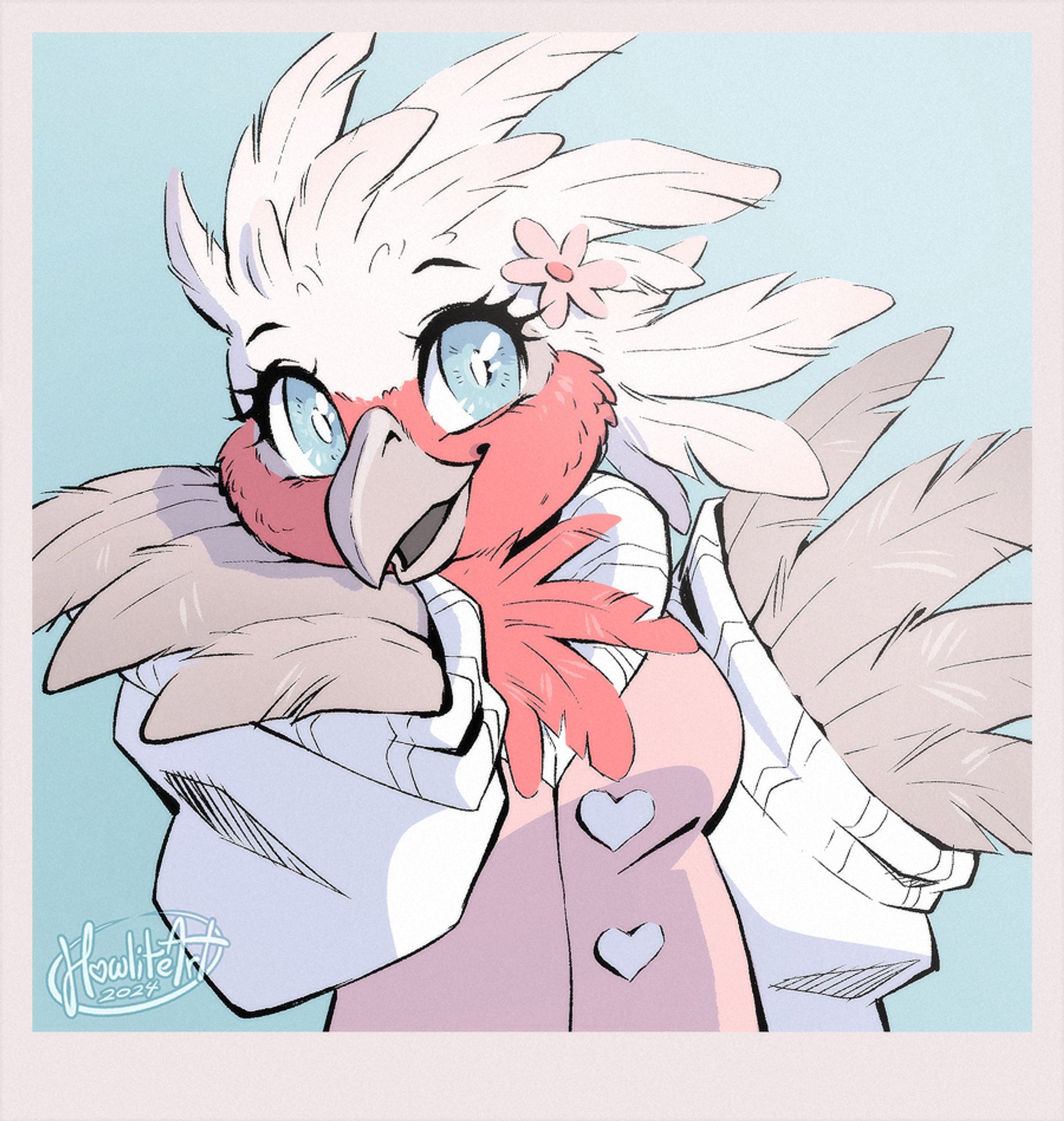 Digital art of a white bird anthro with pink cheeks and chest feathers, dressed in a pink and white sweater. She is smiling at the viewer with a winged arm tucked under her chin.