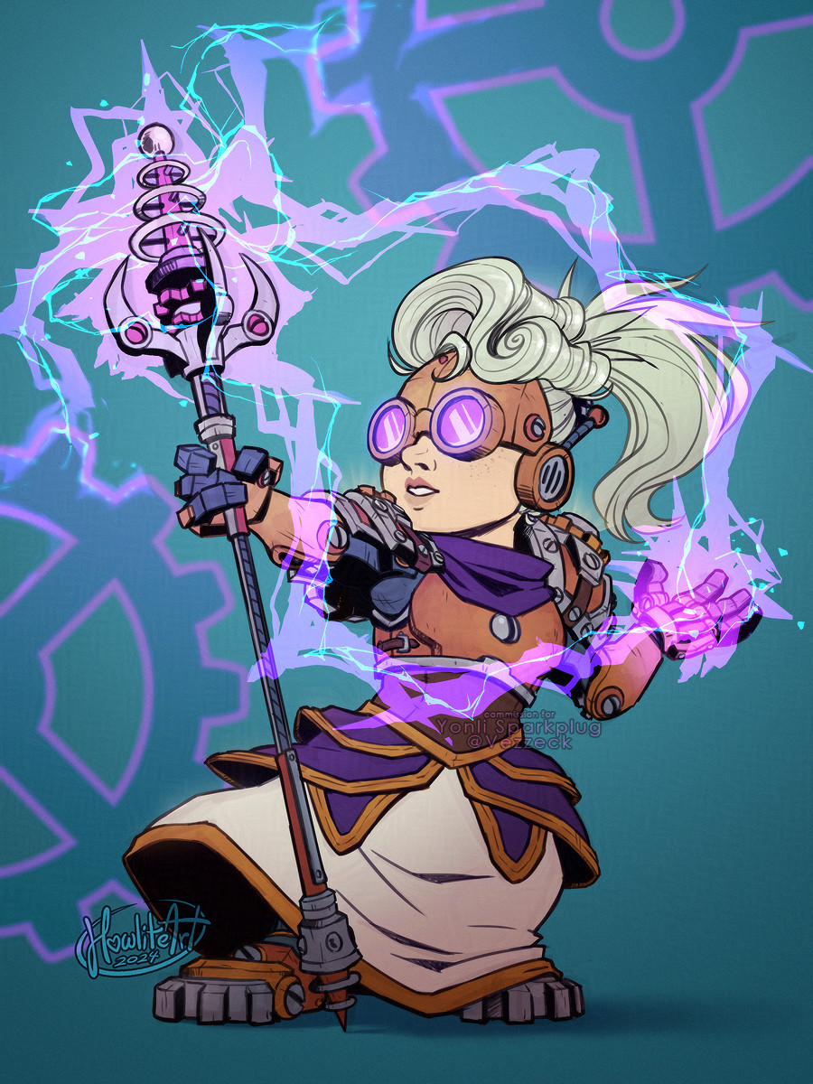 Digital art of a female mechagnome dressed in robes, with long white hair tied up in a ponytail. She is holding up a mechanical staff, casting purple lightning with her free hand that links to the head of the staff, then to gear-shapes on the flat blue background behind her. She is looking up at the staff with a neutral expression, the purple lightning reflecting off her goggles.