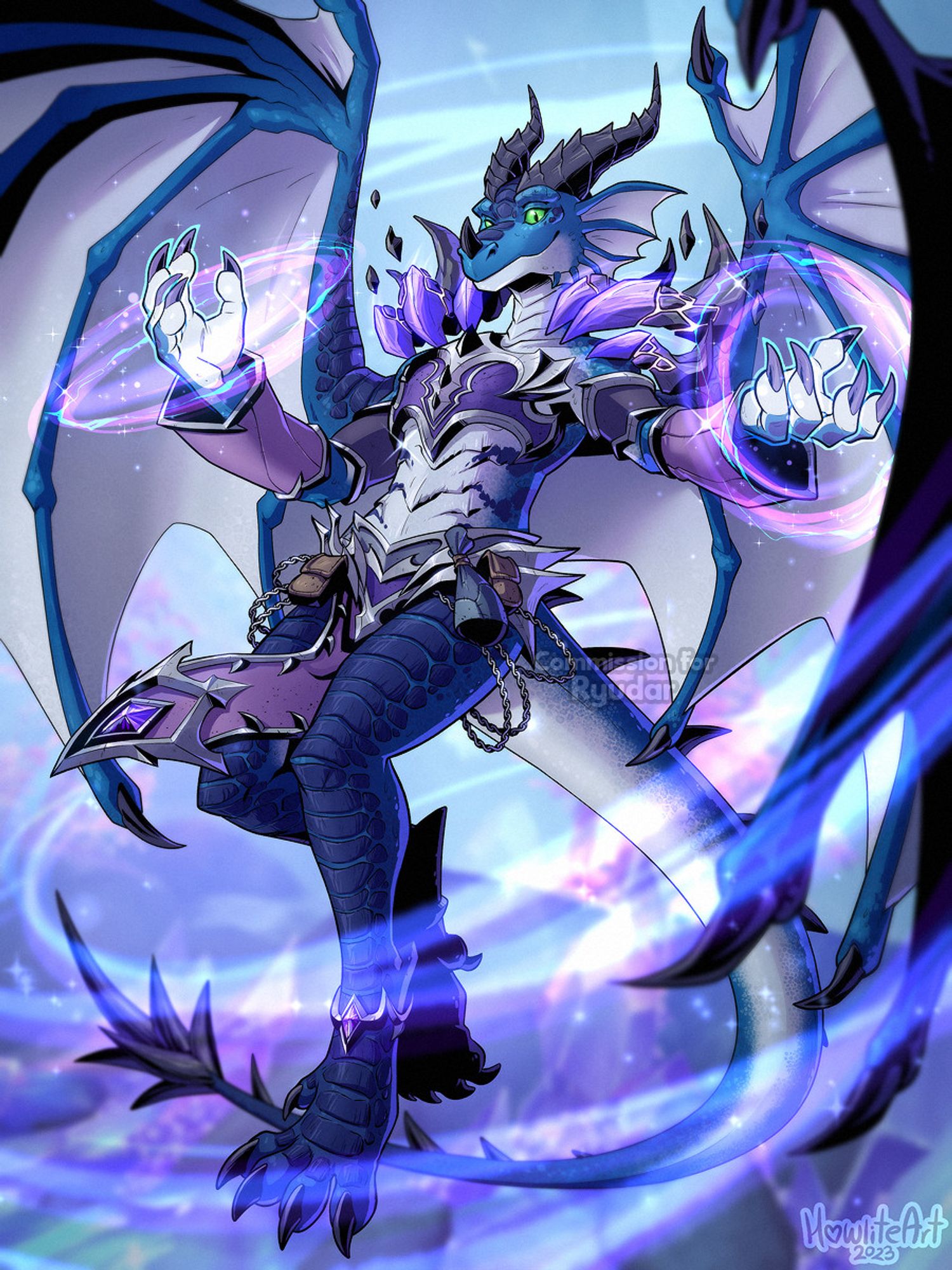 A blue dracthyr with silver and purple armor and green eyes hovering in mid-air. Their hands have swirling, glittering circles of blue-purple magic around them, and larger wisps of magic swirling around them.