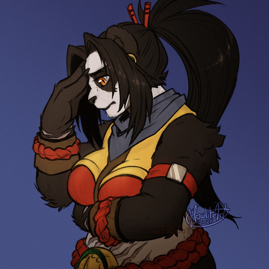 Digital art of a female pandaren seen from the waist-up, turned sideways, with a long ponytail. She has one arm tucked against her stomach, the other hand resting at her forehead in a pensive pose - her expression is somewhat worried while she is lost in her thoughts.