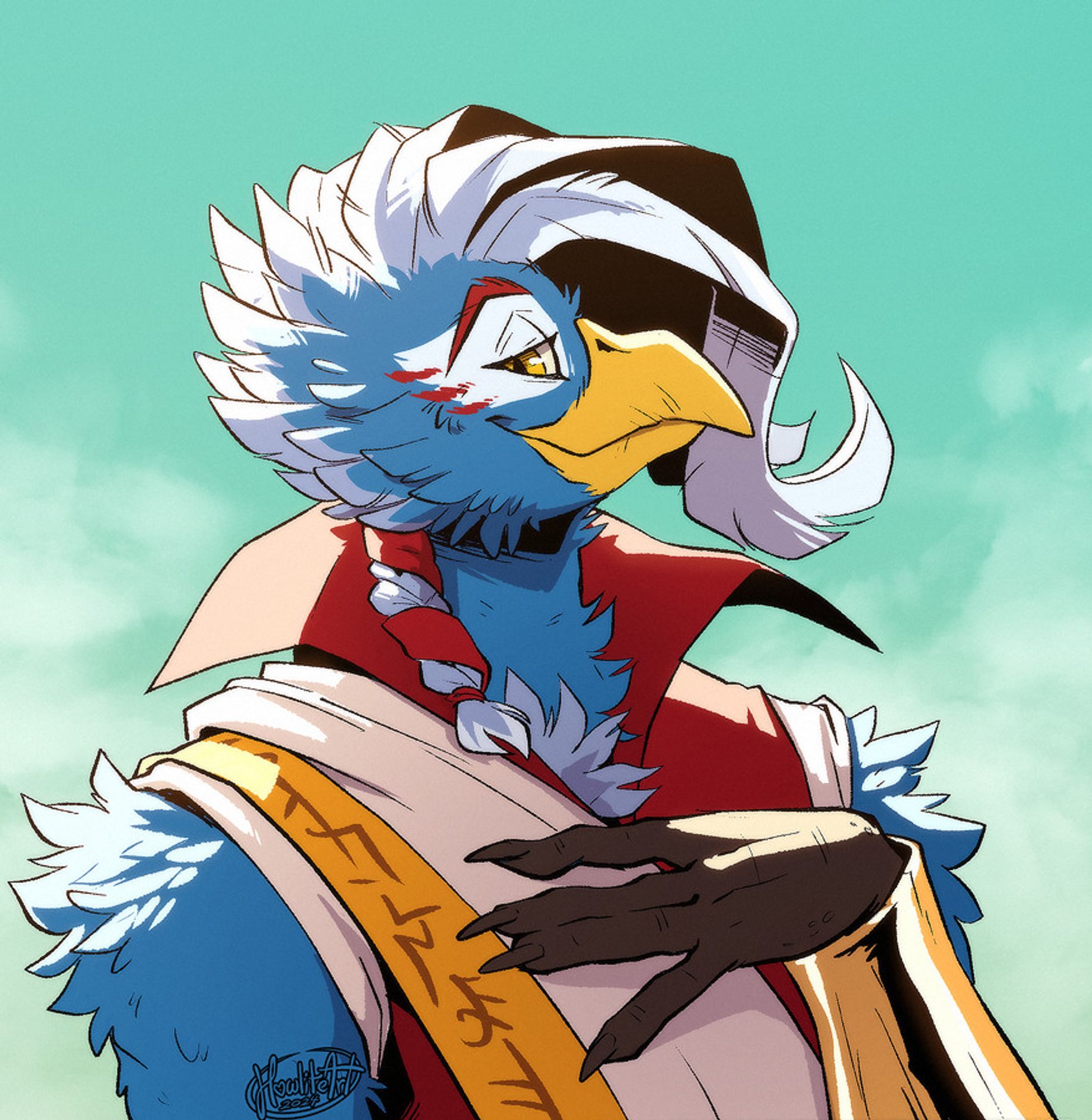 Digital art of a blue bird anthro with long white head feathers, looking smugly at the viewer with a hand loosely placed to his chest.